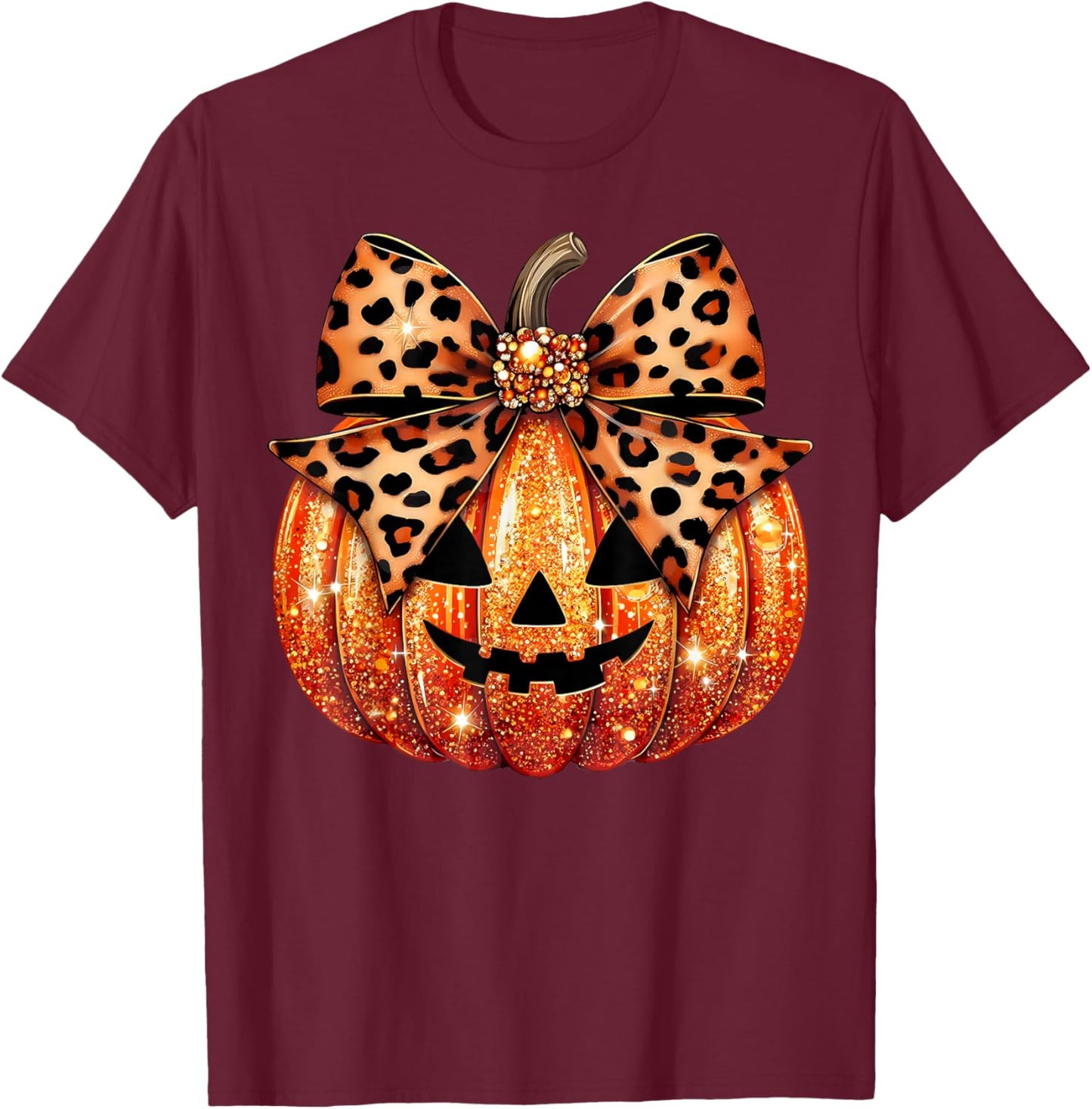 Sparkly Pumpkin Leopard Coquette Bow Pumpkin Girls T-Shirt - T-Shirt | Maroon