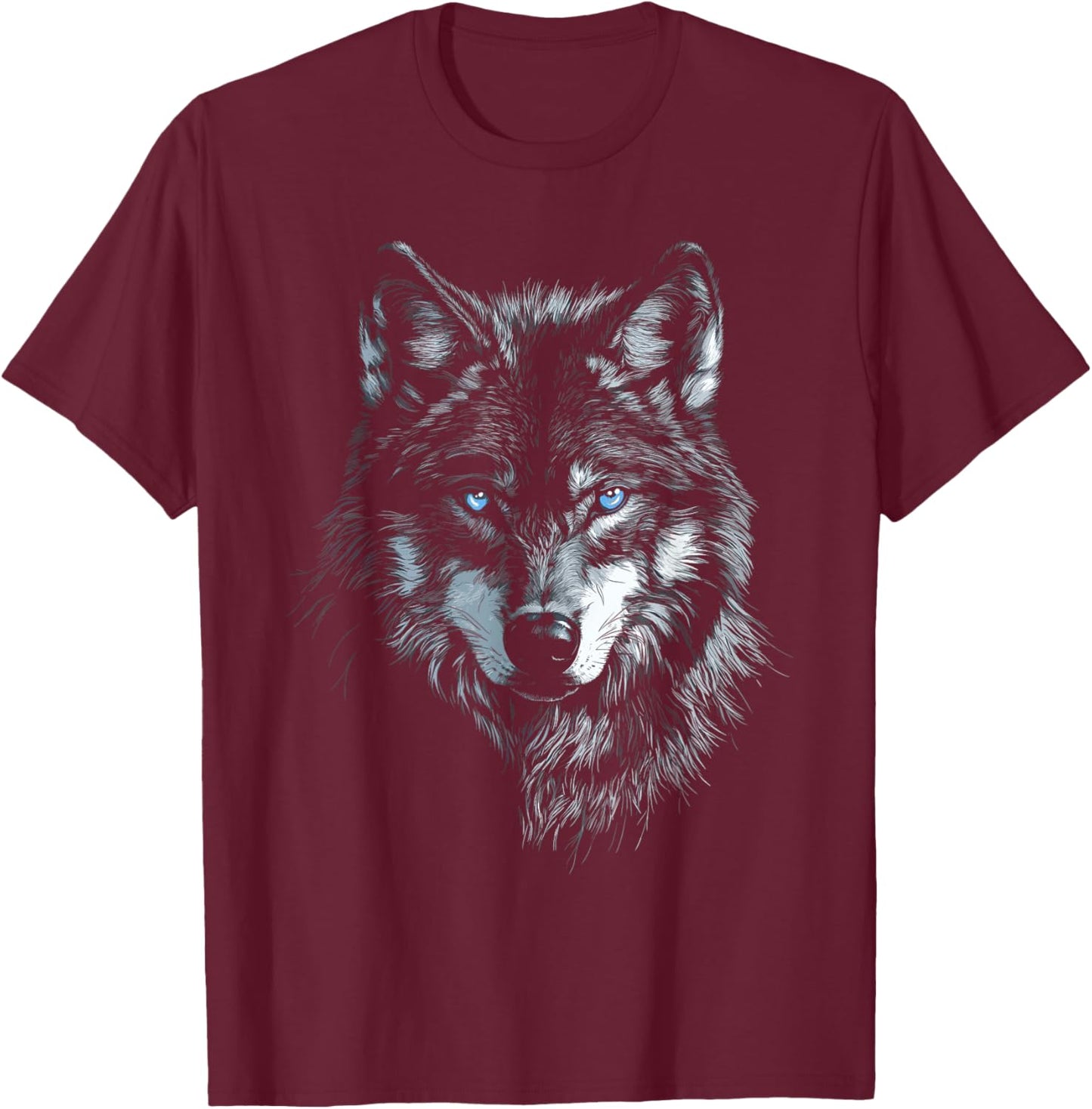 Mystic Wolf with Blue Eyes Animal Art Graphic Wolves T-Shirt - T-Shirt | Maroon
