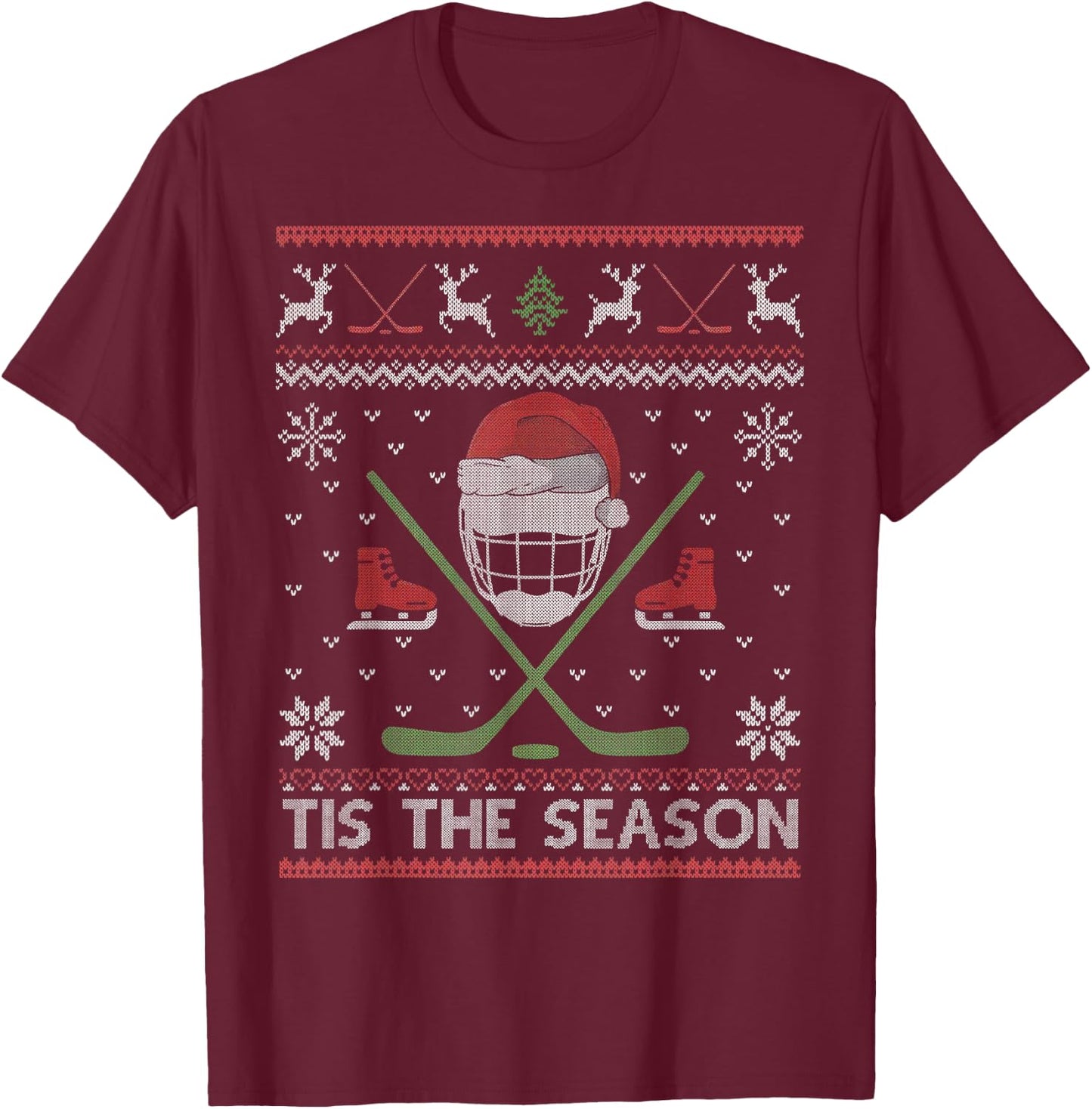 Tis The Season Ice Hockey Ugly Christmas Sweater Men Boy Kid T-Shirt - T-Shirt | Maroon