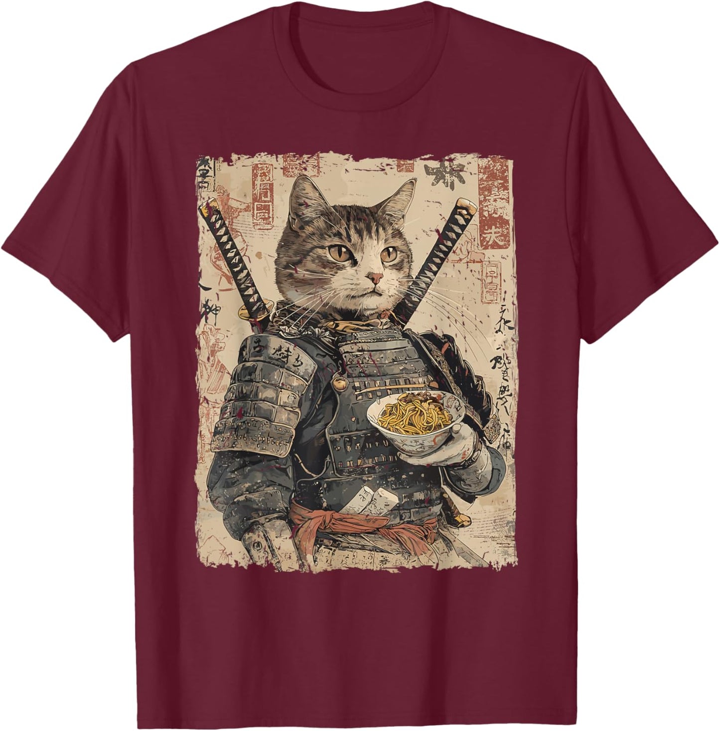Samurai Cat Loves Ramen Funny Anime Japanese Artwork Samurai T-Shirt - T-Shirt | Maroon