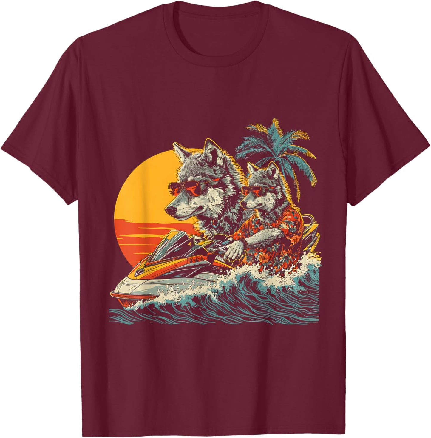 Wolf Driving Jet Ski Wear Hawaiian And Sunglass Sport T-Shirt - T-Shirt | Maroon