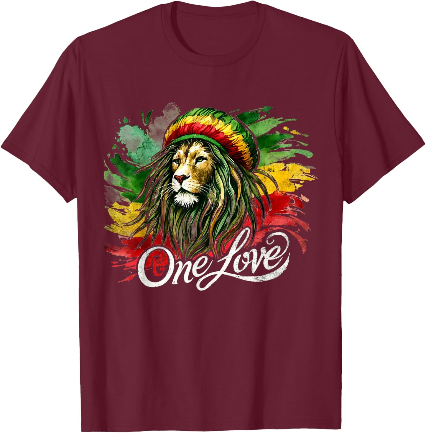 Lion of Judah One Reggae Love Heart Jamaica Rock Roots T-Shirt - T-Shirt | Maroon