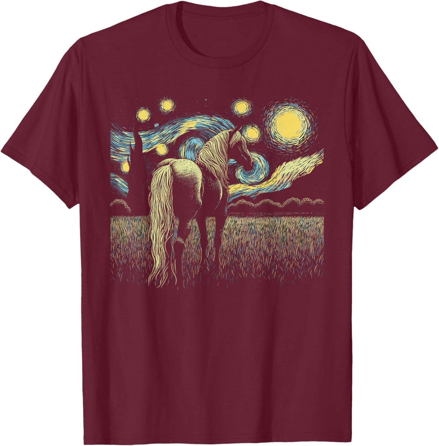 Starry Night Horse Painting Painter Artist Art Teacher T-Shirt - T-Shirt | Maroon