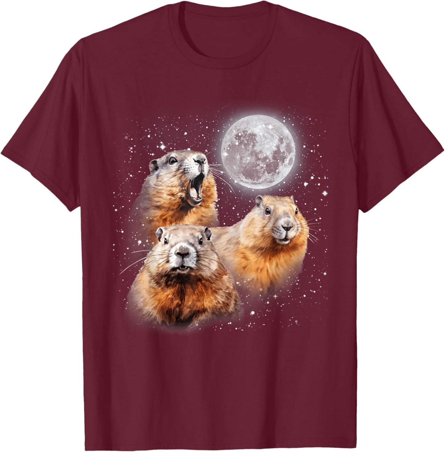 Funny Three Groundhog Moon 3 Groundhog Head Groundhog Day , Small, Black T-Shirt - T-Shirt | Maroon