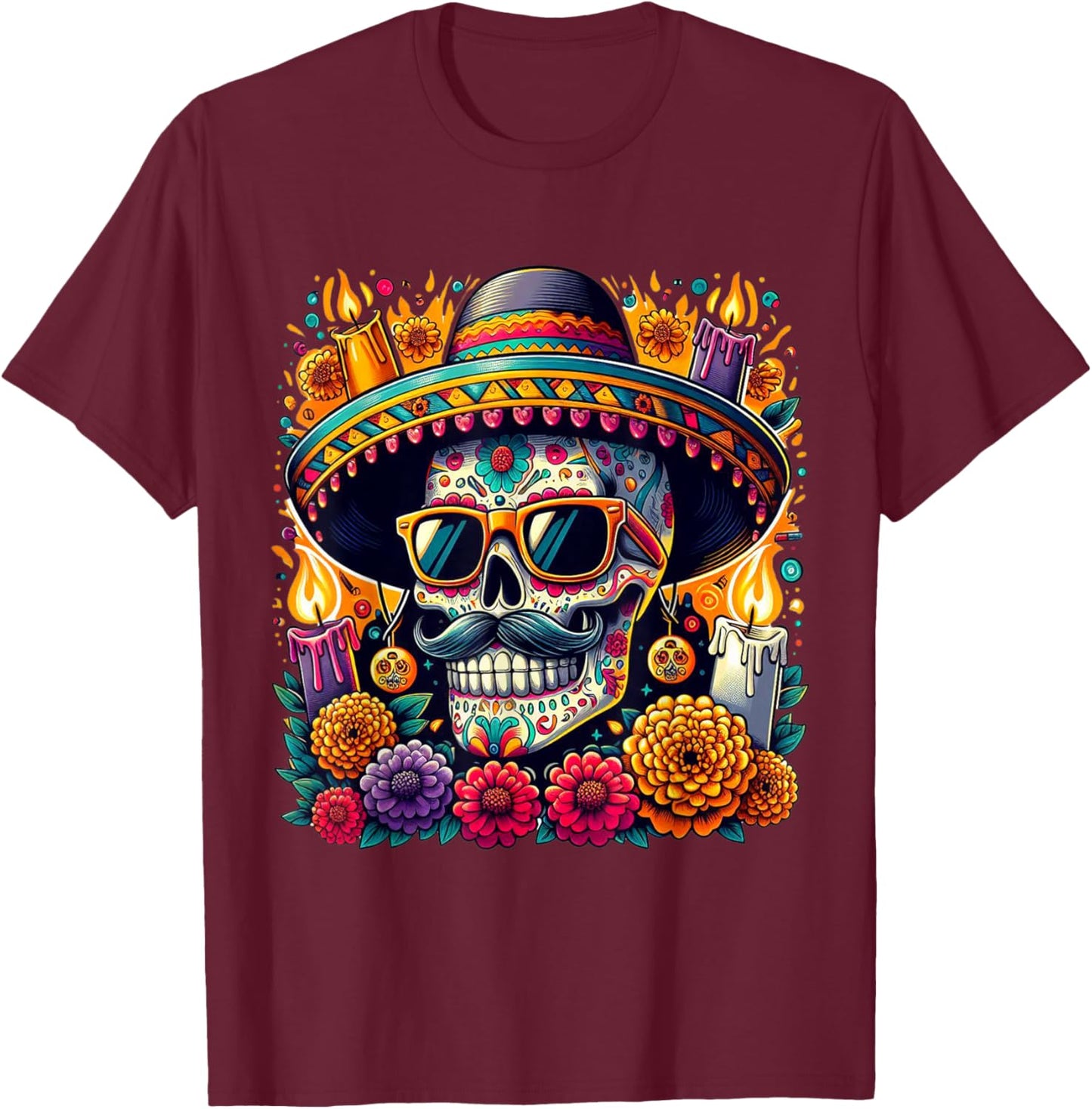 Flower Skull / Sugar Skull Roses Girls T-Shirt - T-Shirt | Maroon