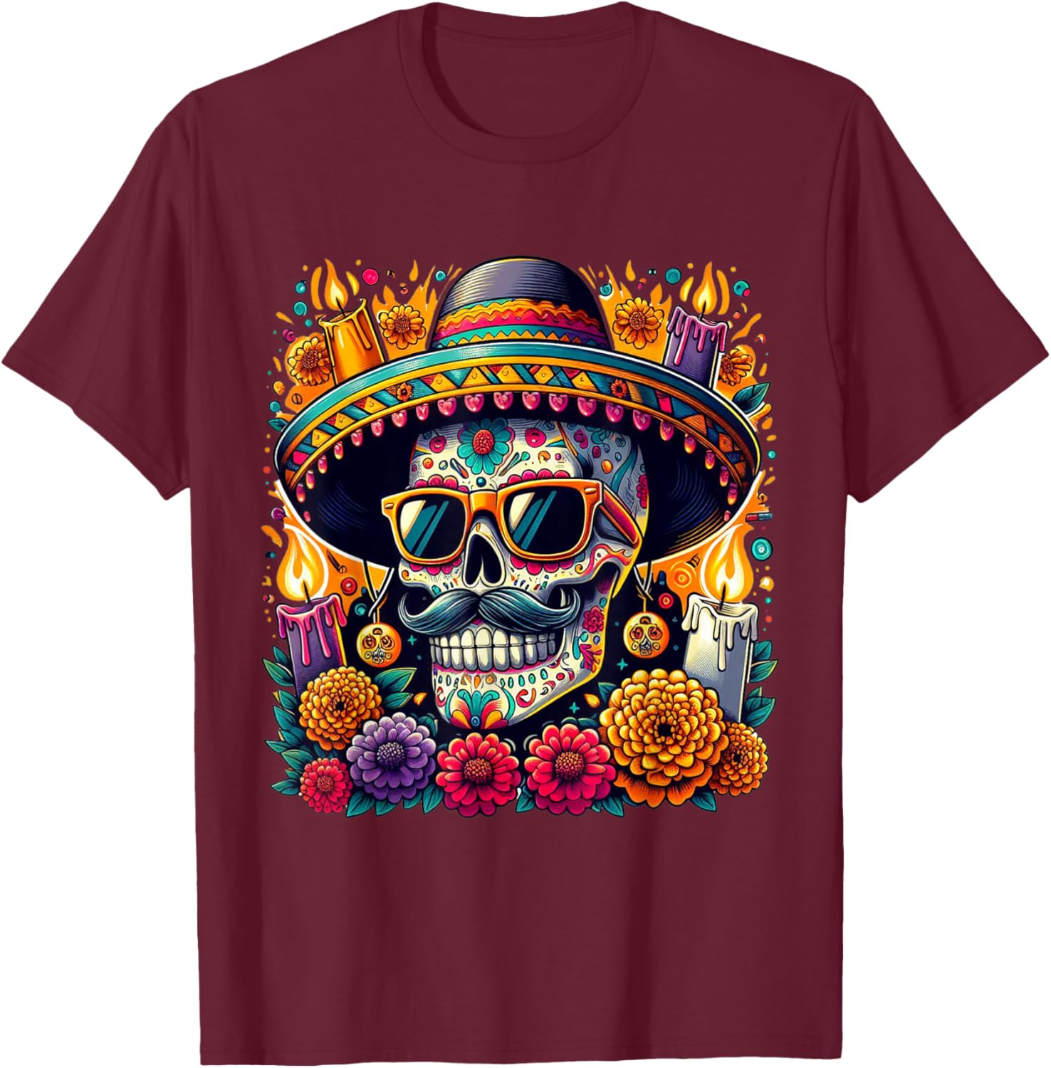 Flower Skull / Sugar Skull Roses Girls T-Shirt - T-Shirt | Maroon