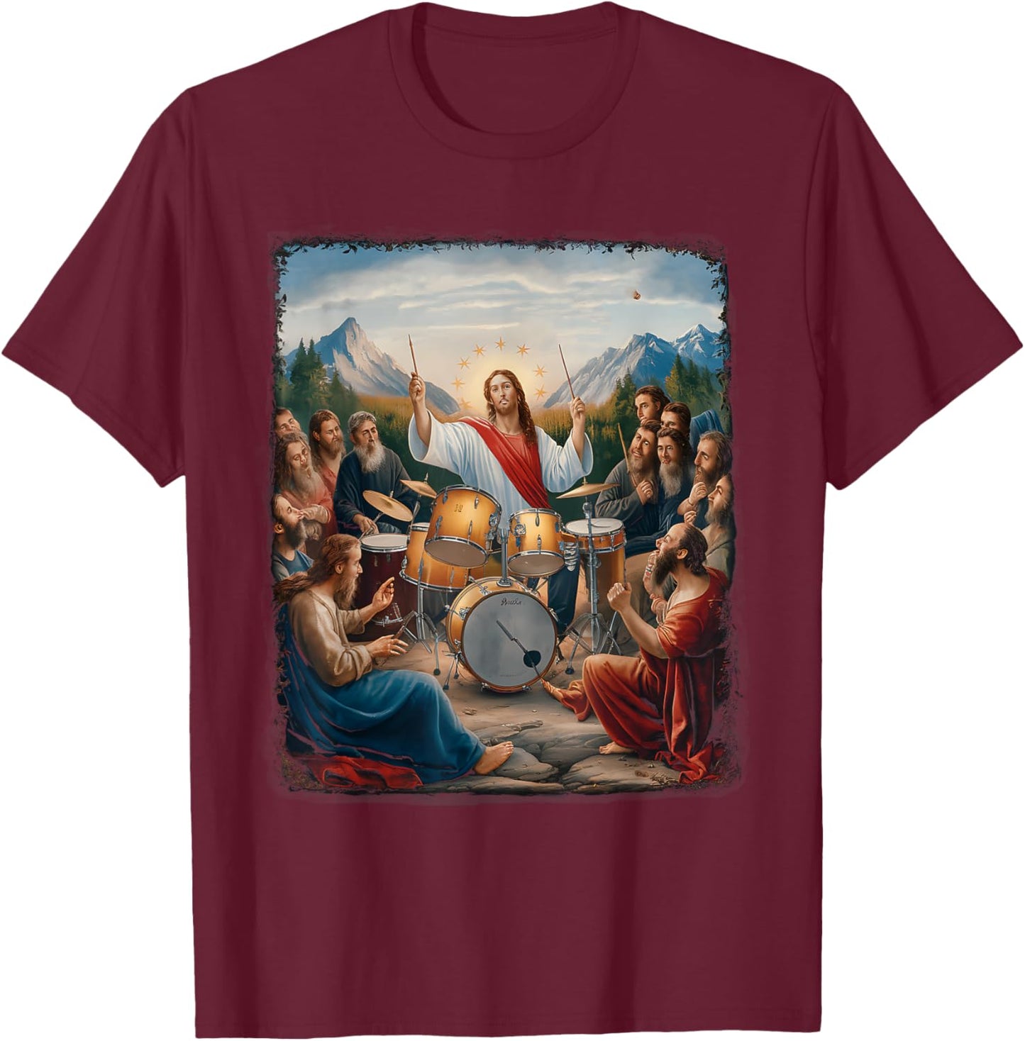 Jesus Playing Drums Funny Christian Drummer Painting T-Shirt - T-Shirt | Maroon