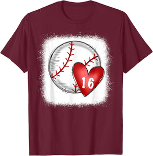 Bleached Custom Baseball Mom Number 16 Heart for Mom T-Shirt - T-Shirt | Maroon