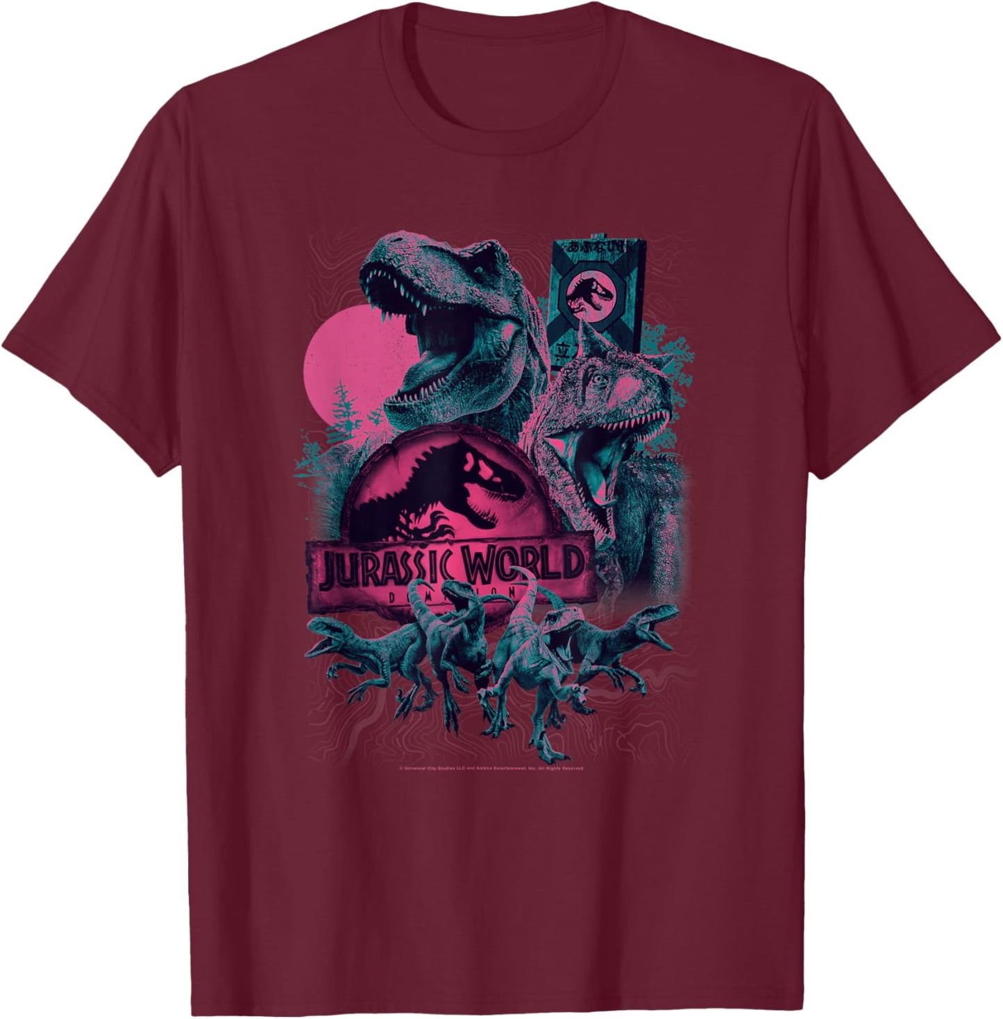 Jurassic World Dominion Unstoppable Dino Attack Poster T-Shirt - T-Shirt | Maroon