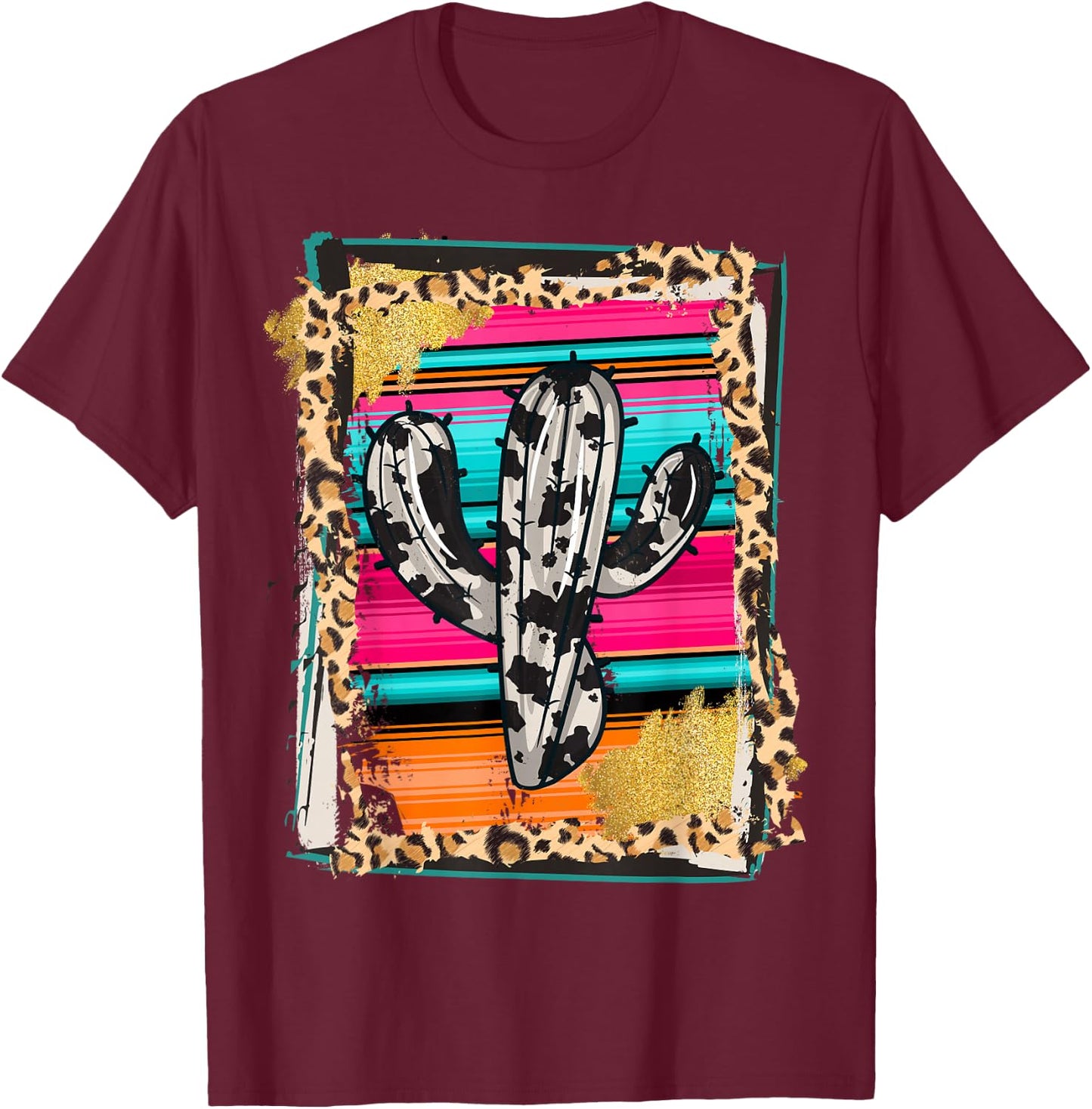 SERAPE CACTUS - Leopard Cow Pattern Print Cowgirl Rodeo T-Shirt - T-Shirt | Maroon