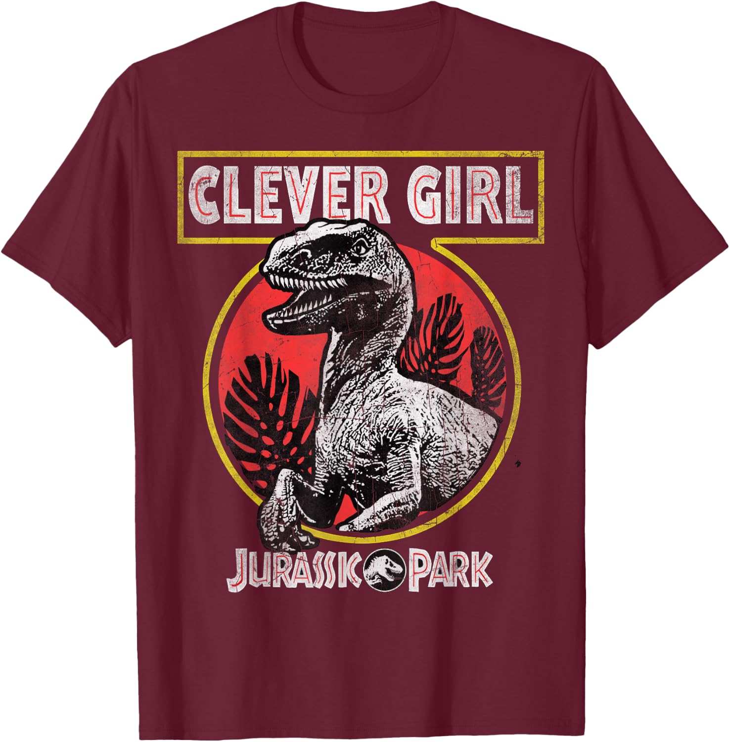 Jurassic Park Clever Girl Raptor Roar Circle Logo T-Shirt - T-Shirt | Maroon