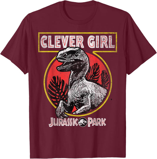 Jurassic Park Clever Girl Raptor Roar Circle Logo T-Shirt - T-Shirt | Maroon