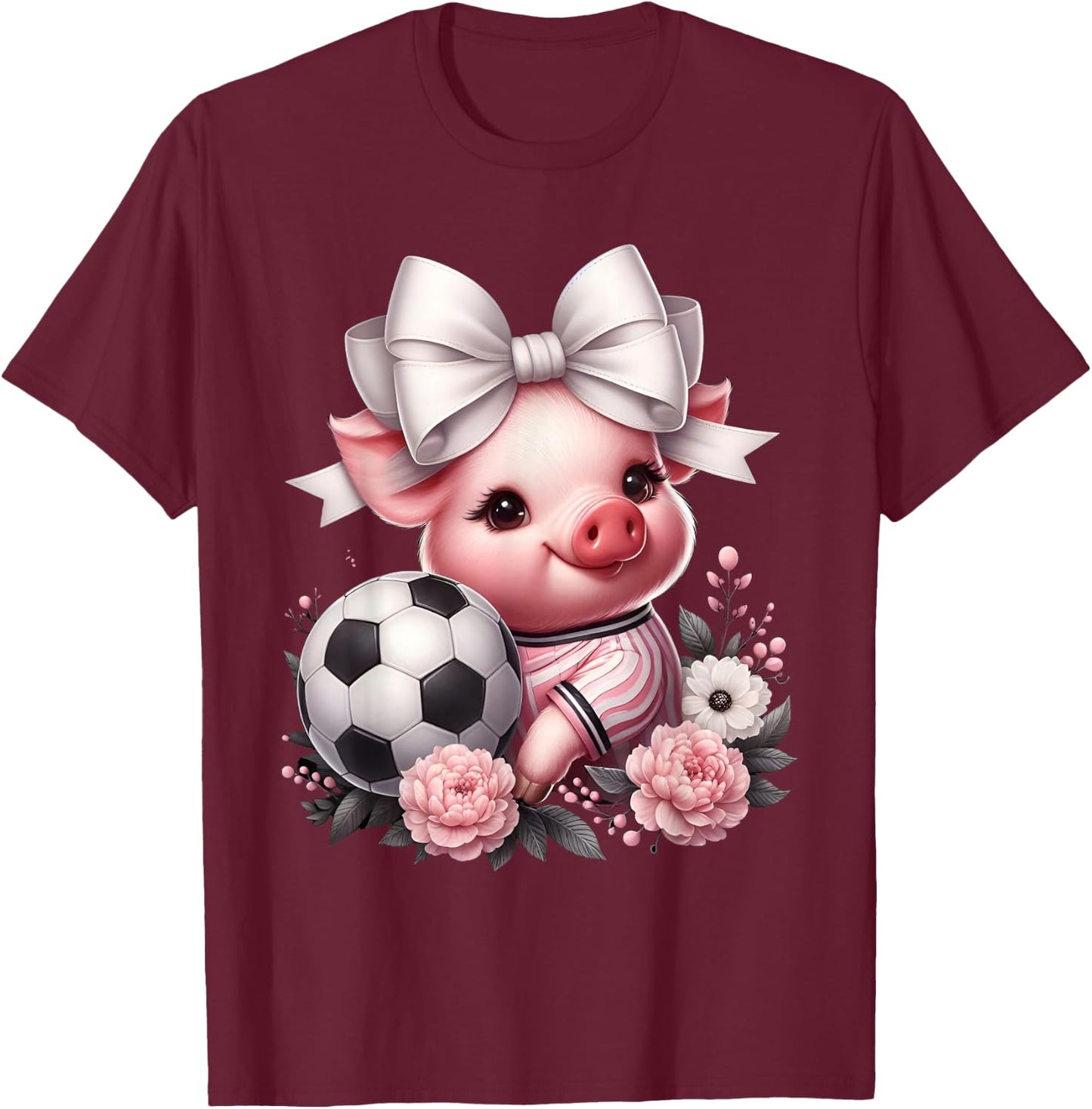 Cute Pig White Coquette Bow Soccer Pig Lover Player Sport T-Shirt - T-Shirt | Maroon