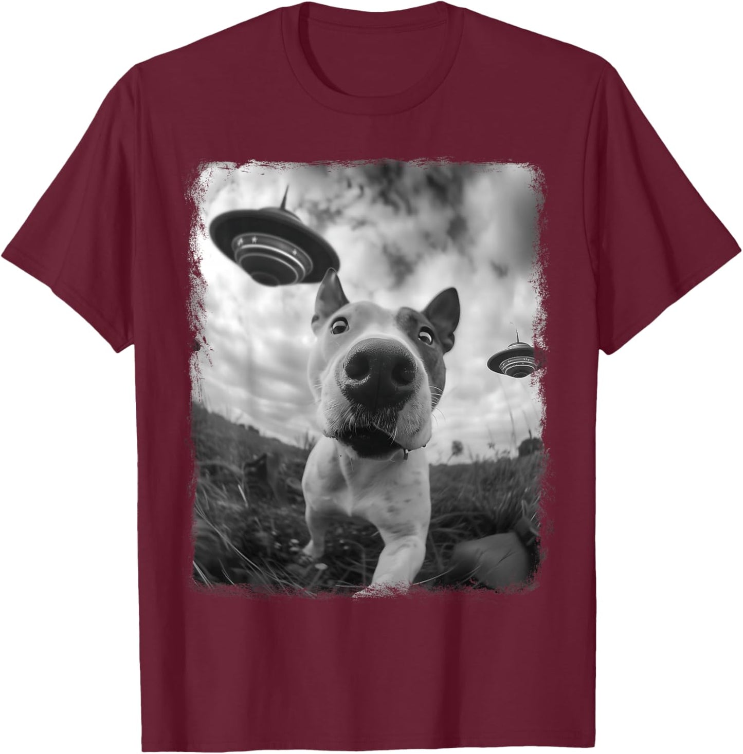 American Bull Terrier Dog UFO Alien Extraterrestrial Selfie T-Shirt - T-Shirt | Maroon