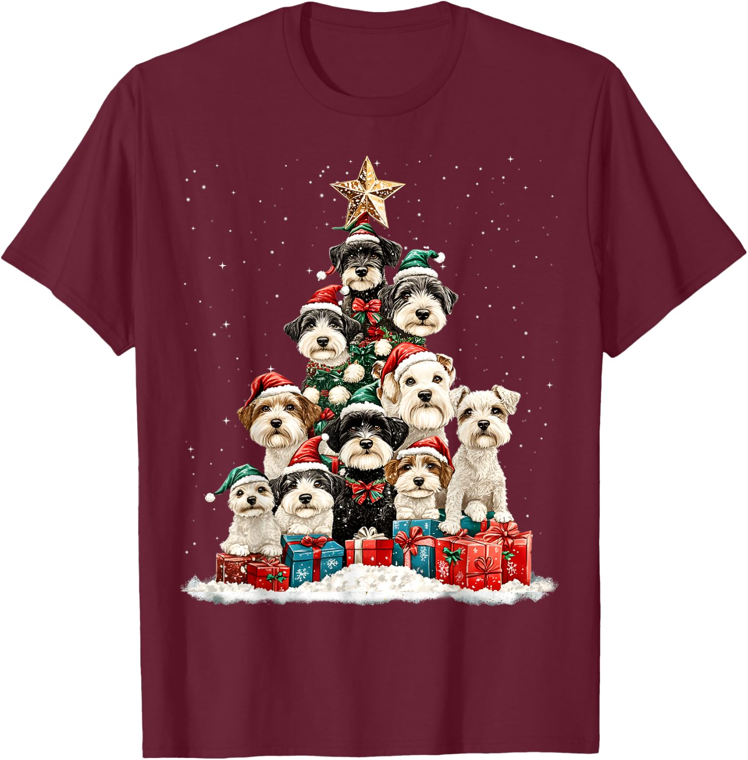 Miniature Schnauzer Christmas Tree Dog Santa Merry Dogmas T-Shirt - T-Shirt | Maroon