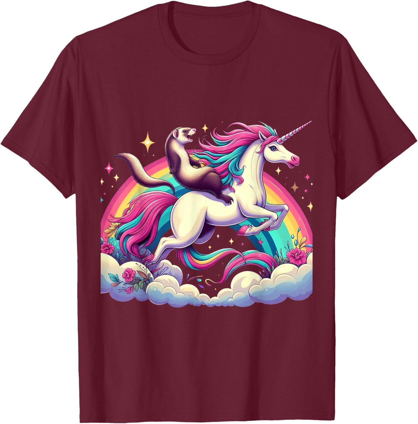 Ferret Riding Unicorn Boys Girls Men Women Kids Rainbow T-Shirt - T-Shirt | Maroon