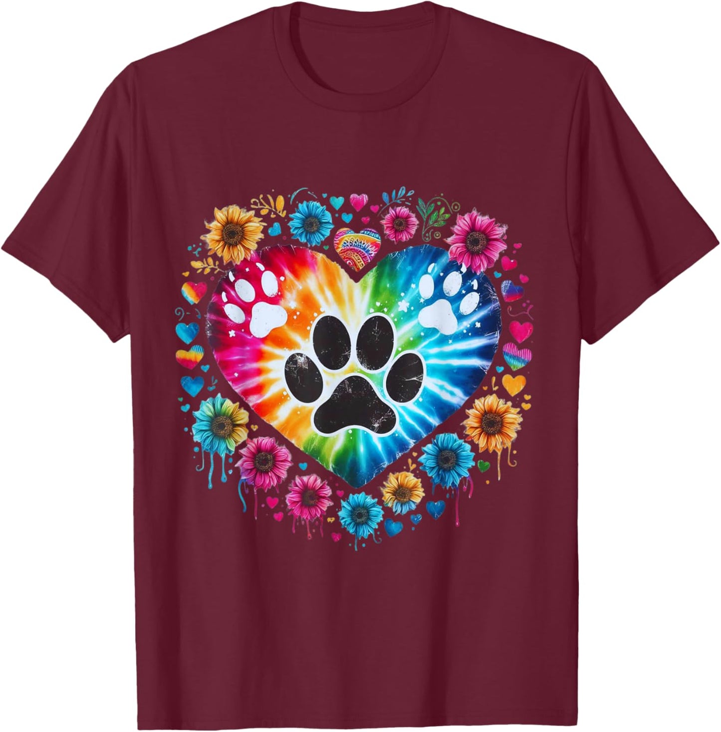 Tie Dye Love Dog Paw Print Heart Animal Lover Men Women T-Shirt - T-Shirt | Maroon
