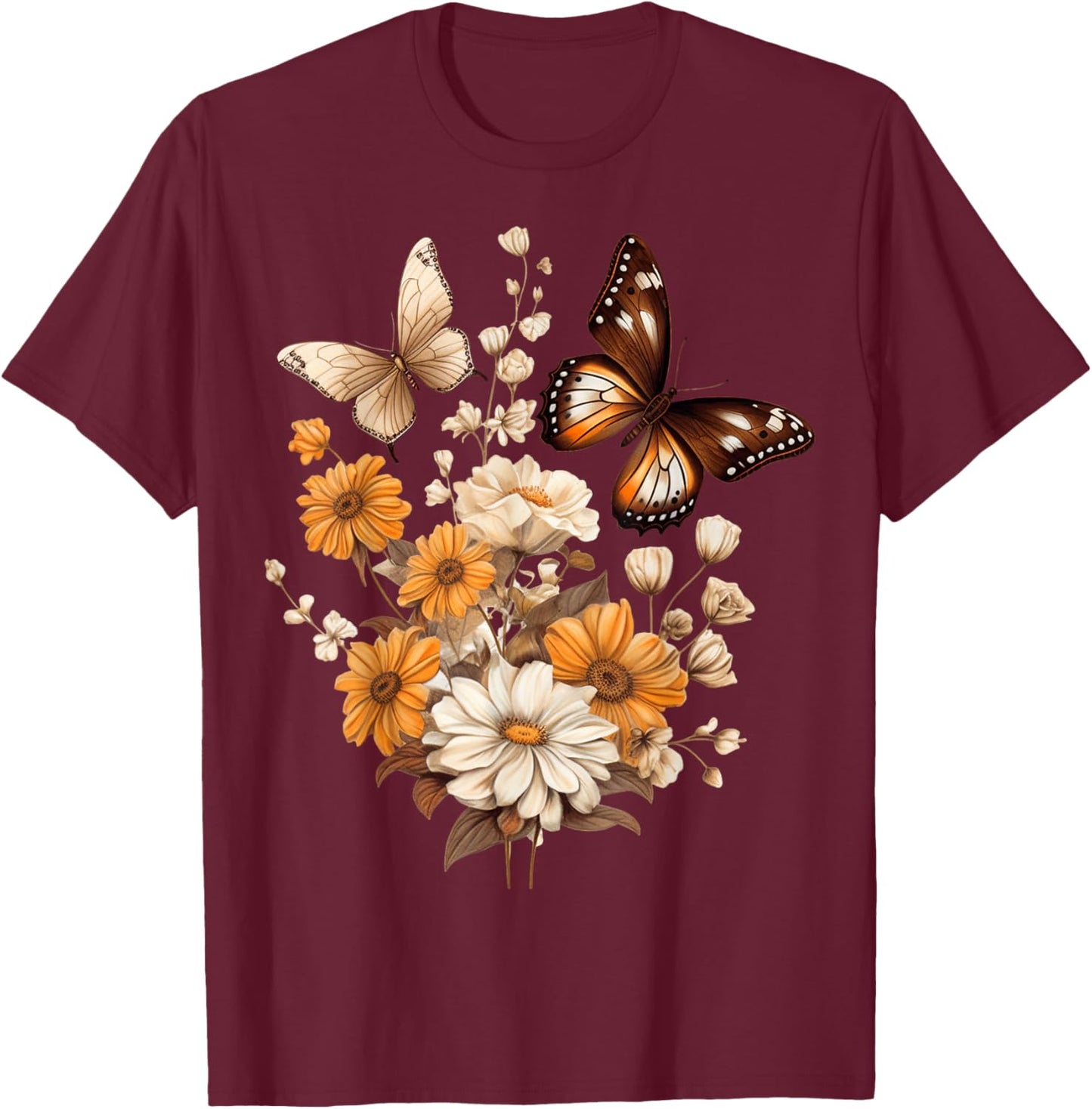 Vintage Pressed Flowers Butterflies Floral Boho Wildflowers T-Shirt - T-Shirt | Maroon