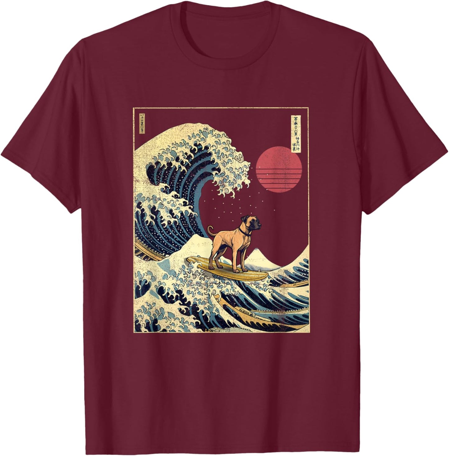 Black Mouth Cur Japanese Kanagawa Wave Funny Surf Dog T-Shirt - T-Shirt | Maroon