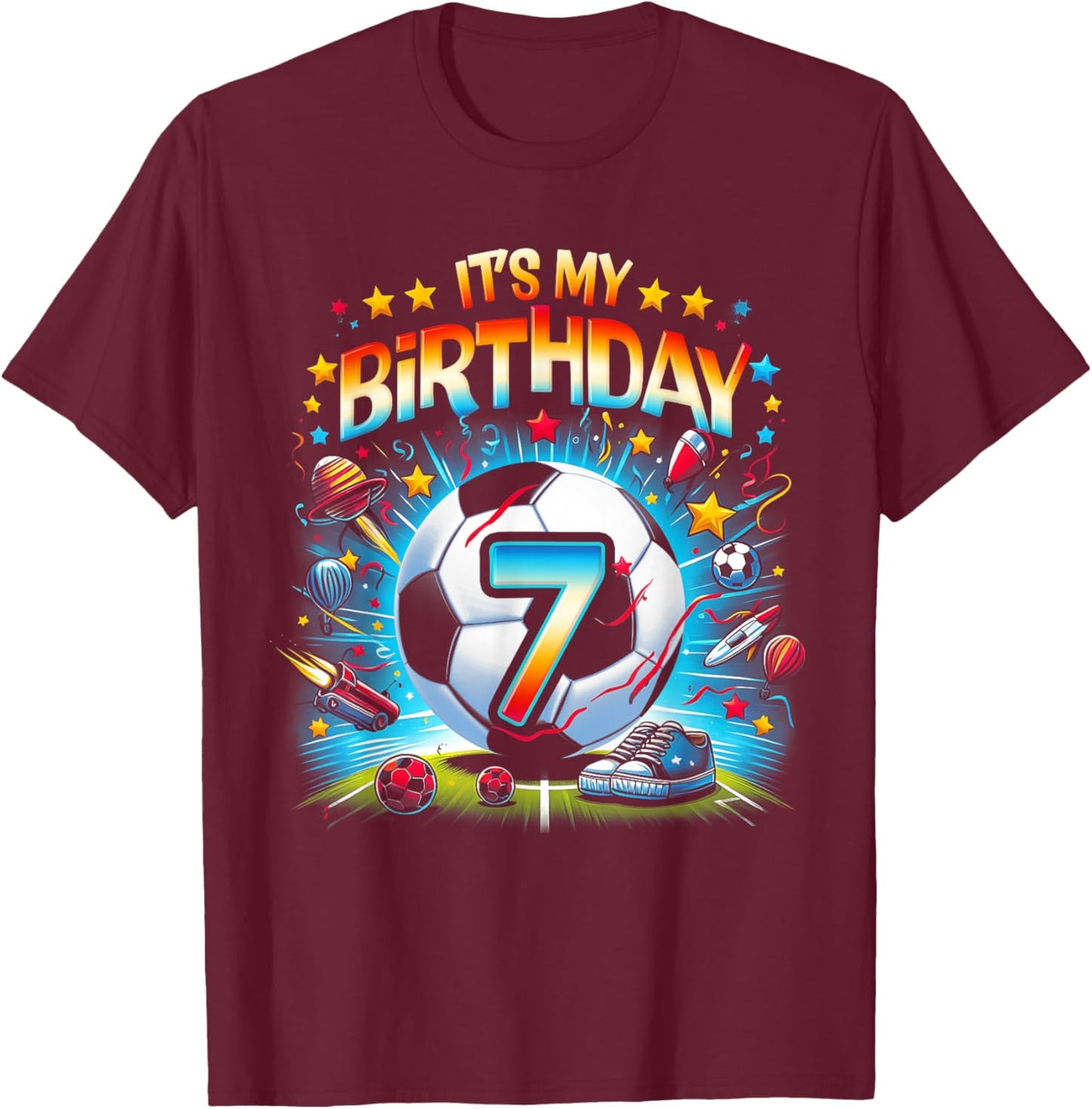 Kids It's My 7th Birthday Boys Soccer Football 7 Years Old T-Shirt - T-Shirt | Maroon