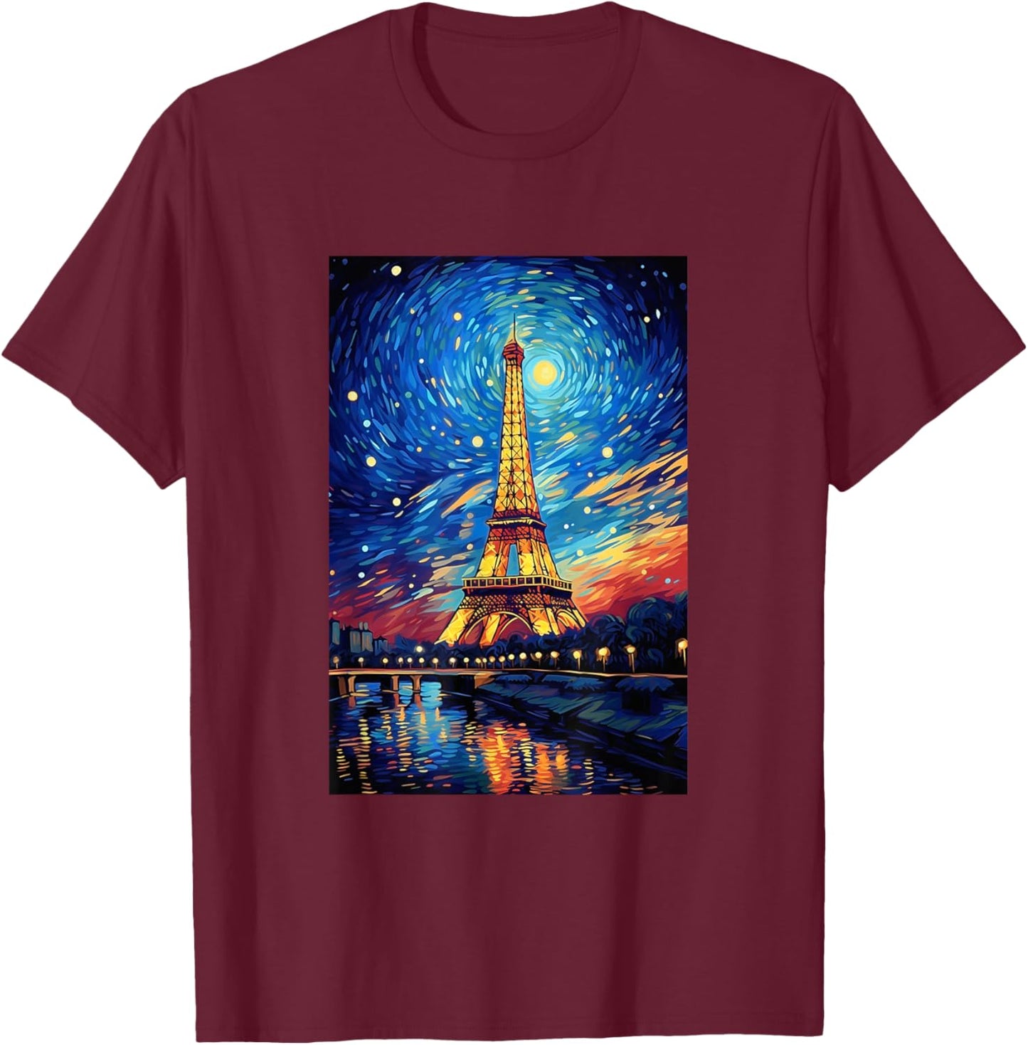 Eiffel Tower Paris France - Van Gogh Style - Starry Night T-Shirt - T-Shirt | Maroon