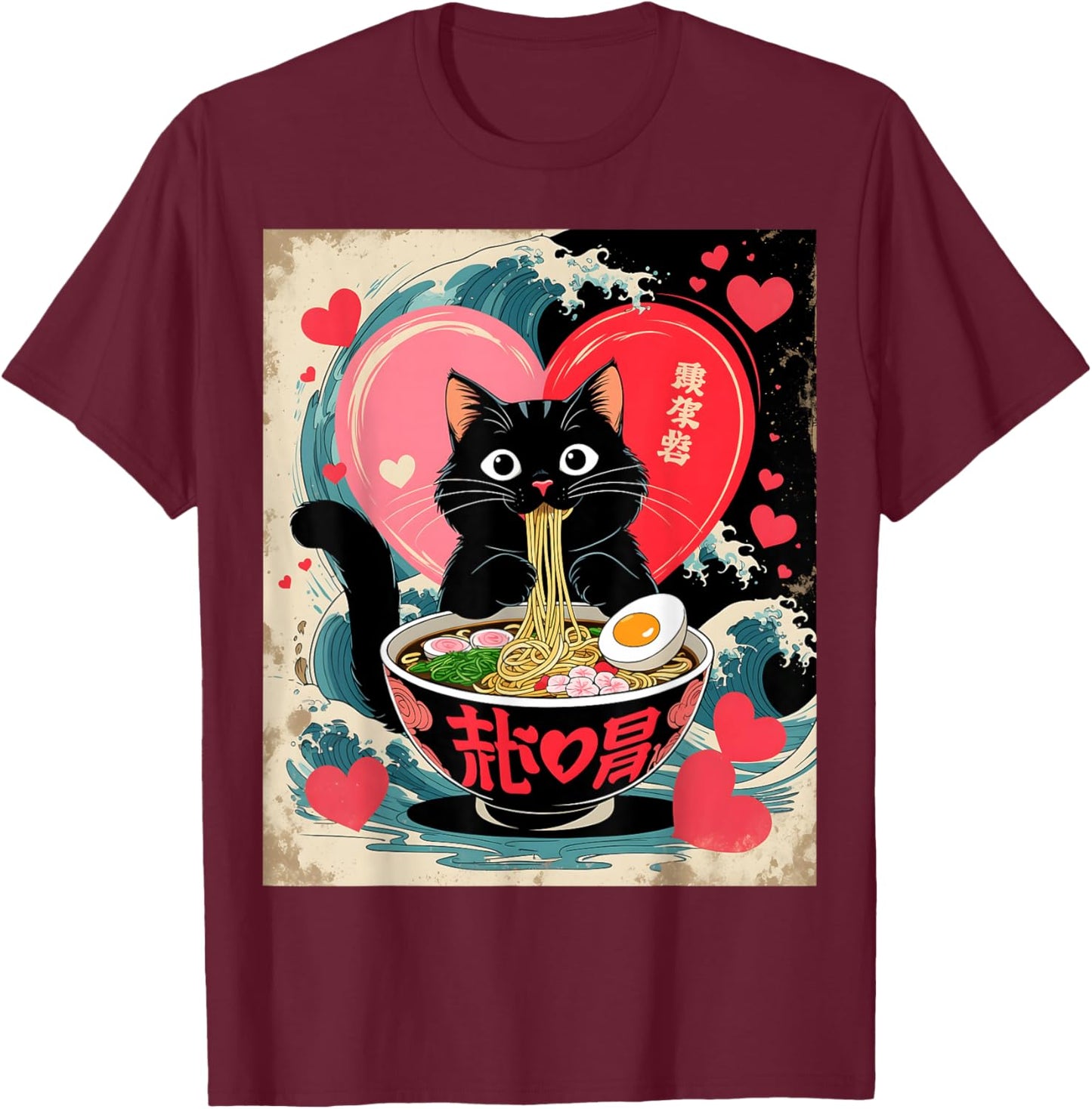 Kawaii Anime Cat Ramen Japanese Graphic Men Women Teens T-Shirt - T-Shirt | Maroon