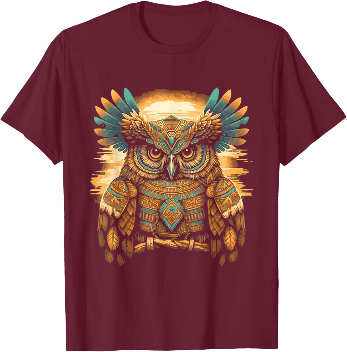 Western Art Owl Aztec Native American Bird Art Design T-Shirt - T-Shirt | Maroon