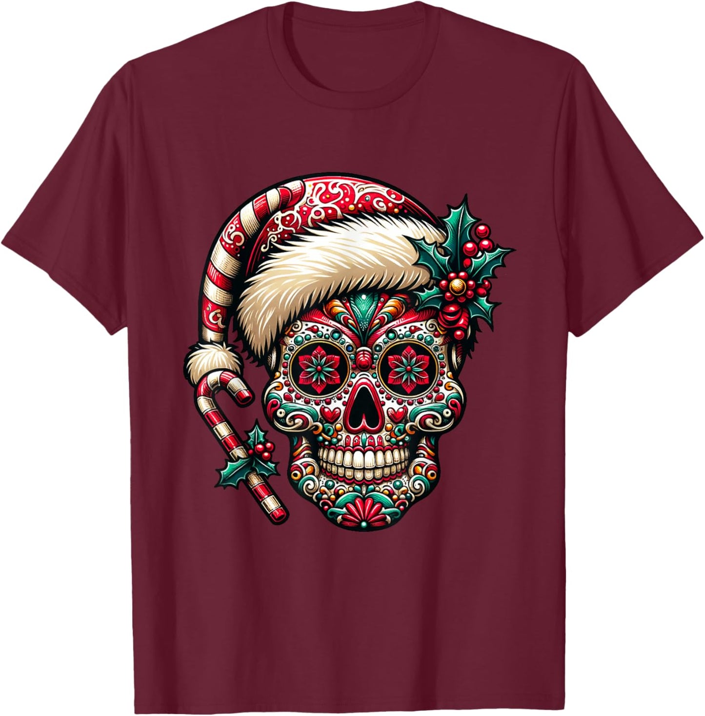 Christmas Sugar Skull Santa Hat Day Of The Dead Xmas Holiday T-Shirt - T-Shirt | Maroon