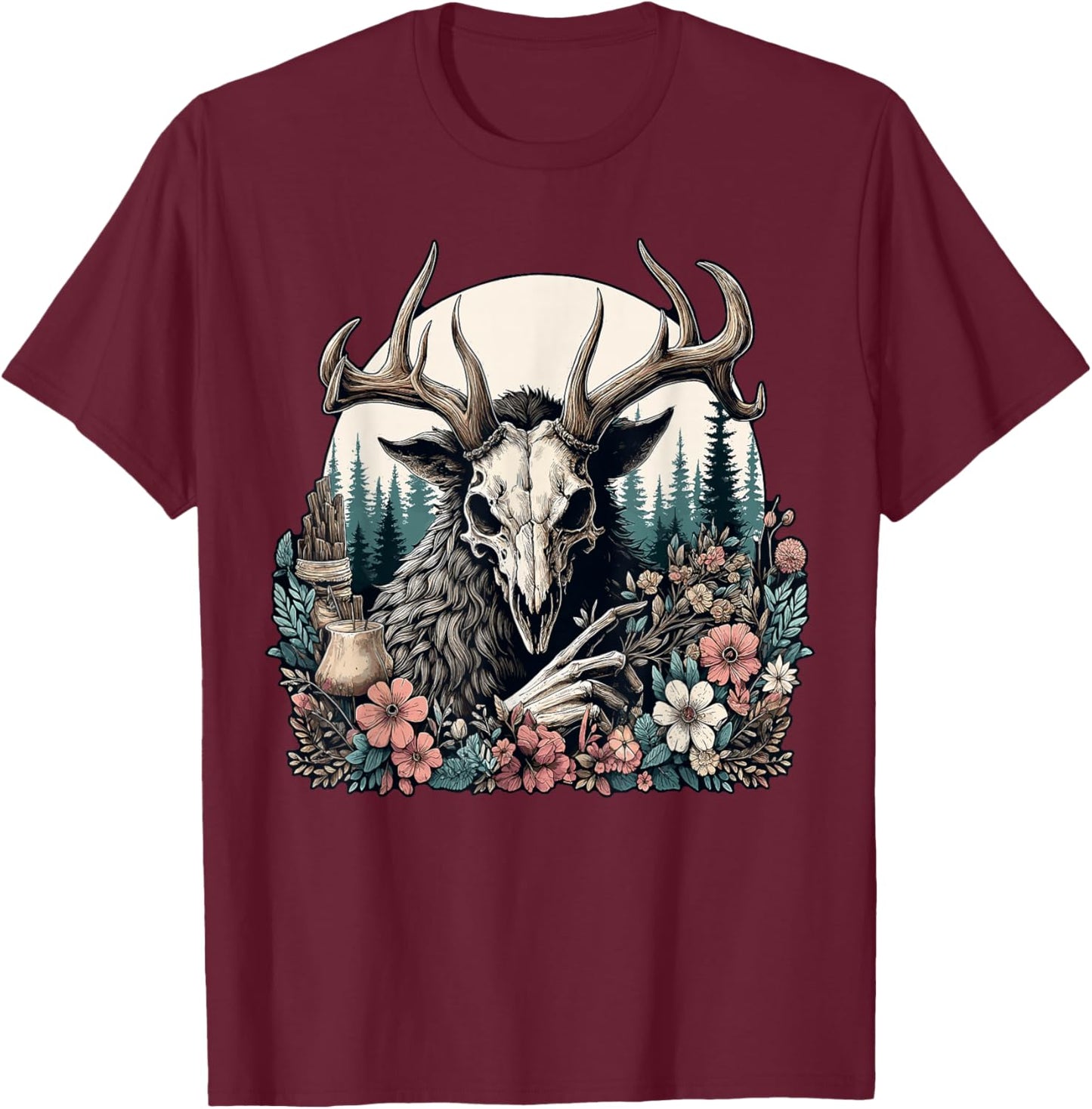 Floral Cryptid Wendigo Nature Forest T-Shirt - T-Shirt | Maroon