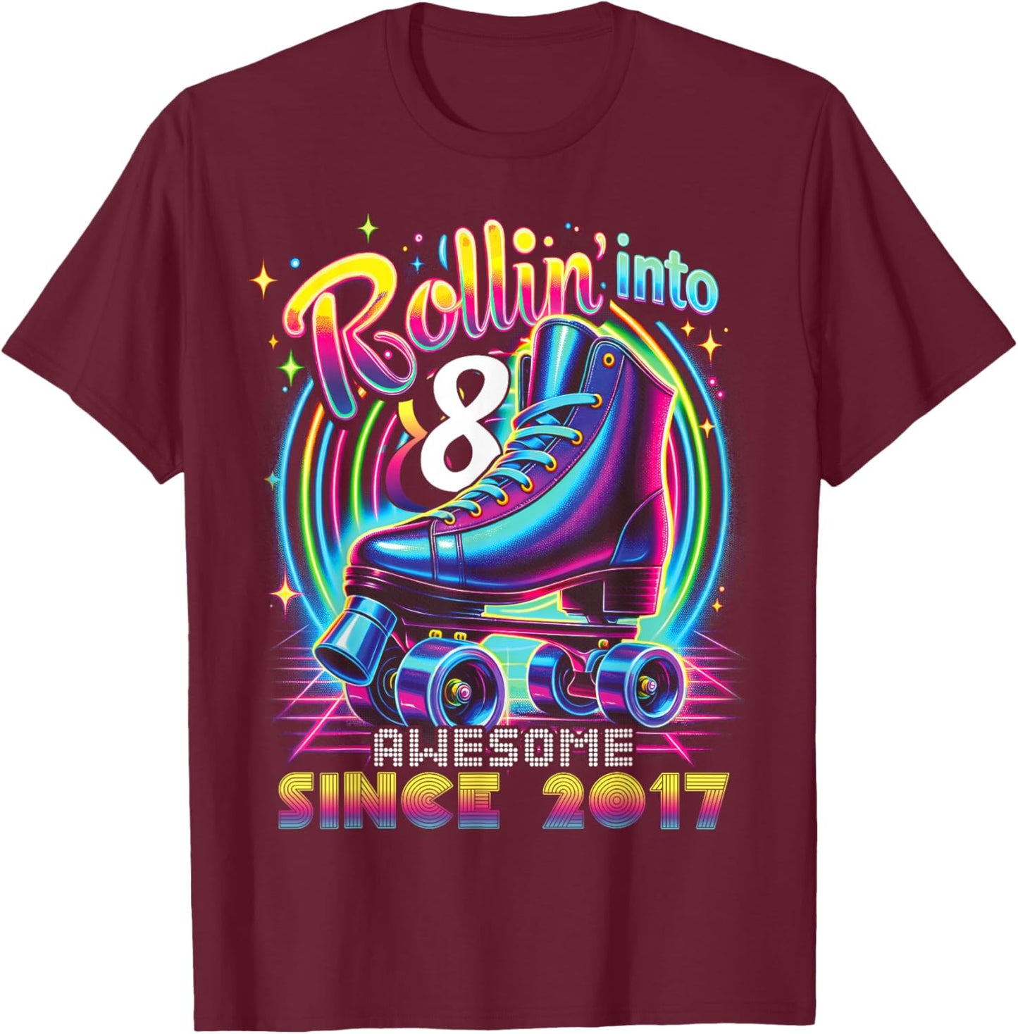 Birthday Roller Skating 8th Girls Rollin into 8 Skate Party T-Shirt - T-Shirt | Maroon