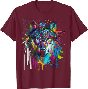 Wolf Silhouette Splash Art Wolves Face T-Shirt - T-Shirt | Maroon