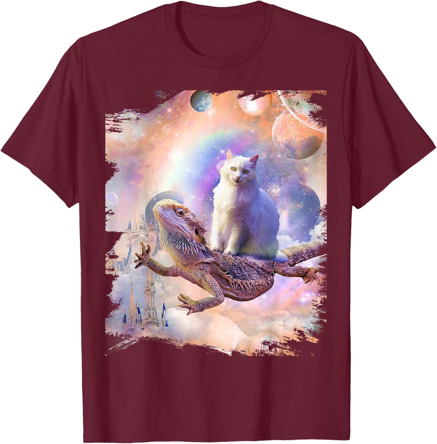 Space Cat Riding Bearded Dragon Lizard T-Shirt - T-Shirt | Maroon
