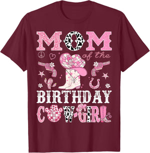 Mom Of The Birthday Cow-Girl Pink Disco Rodeo Western T-Shirt - T-Shirt | Maroon