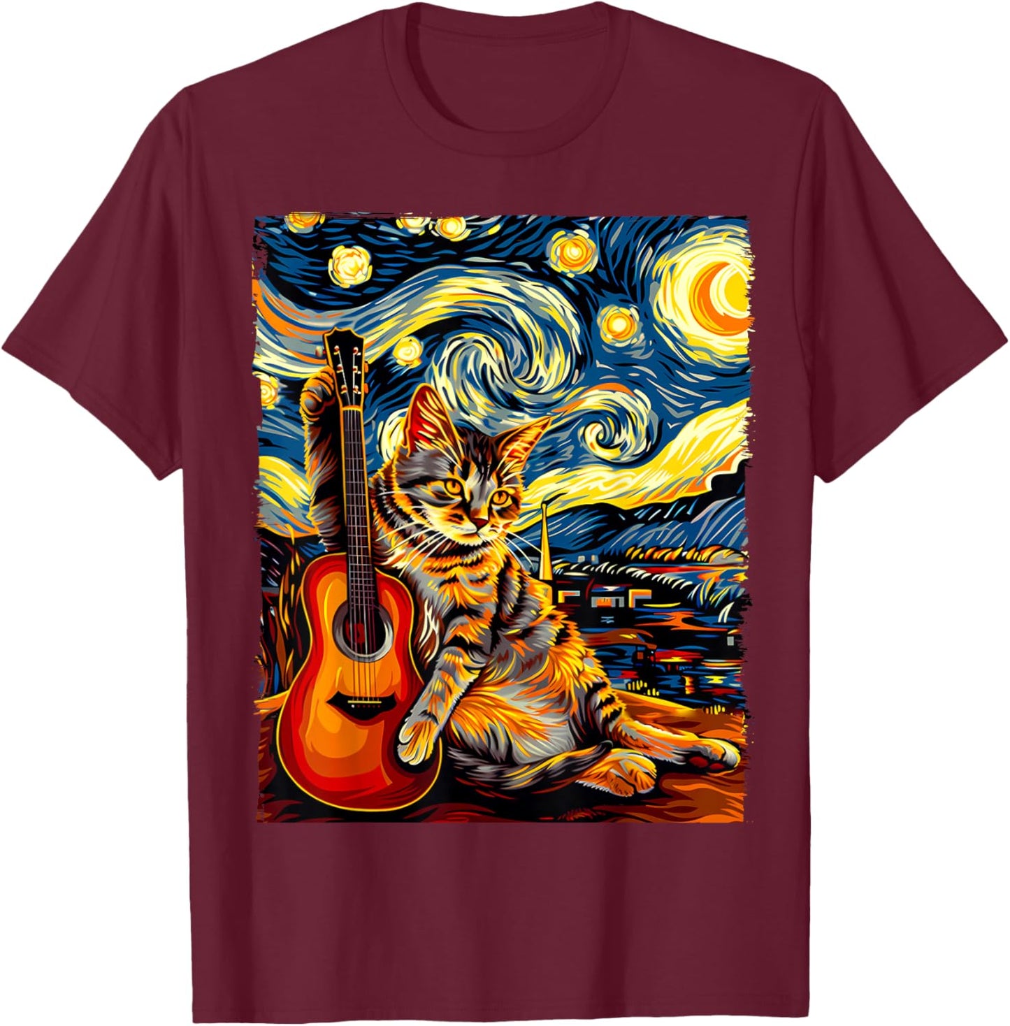 Painting A Cat Playing Guitar in The Starry Night, Cat Art T-Shirt - T-Shirt | Maroon