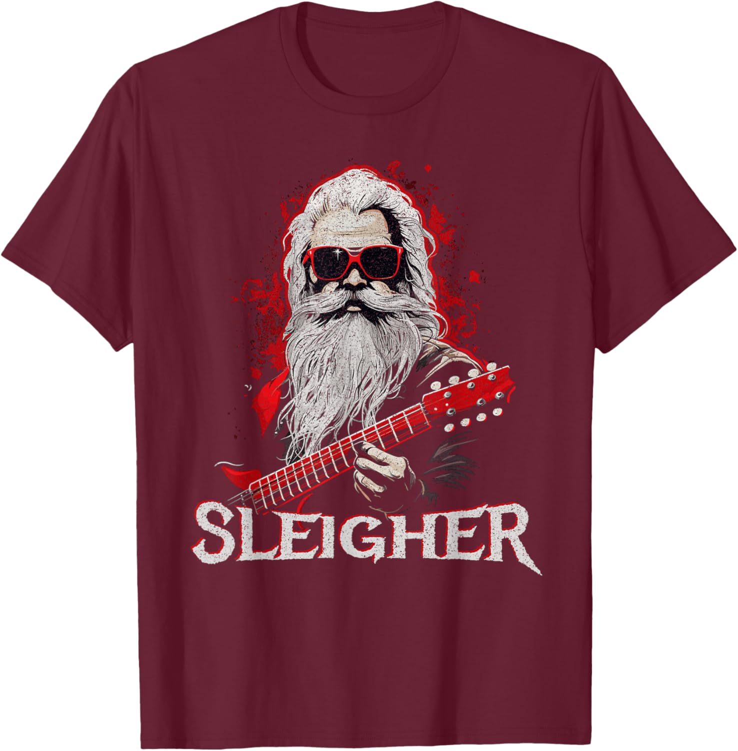 Funny Christmas Rocker Band Santa Playing Guitar Sleigher T-Shirt - T-Shirt | Maroon