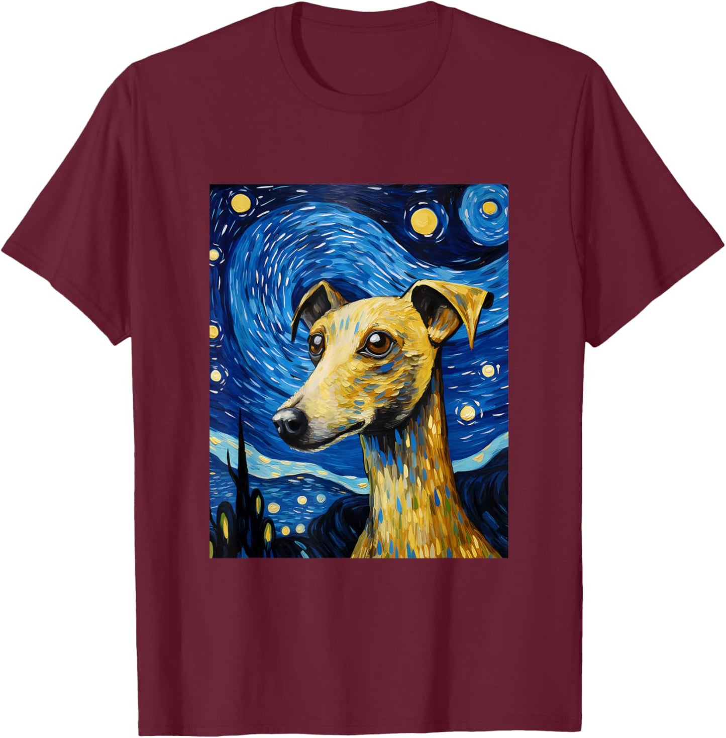 Italian Greyhound Starry Night Van Gogh T-Shirt - T-Shirt | Maroon