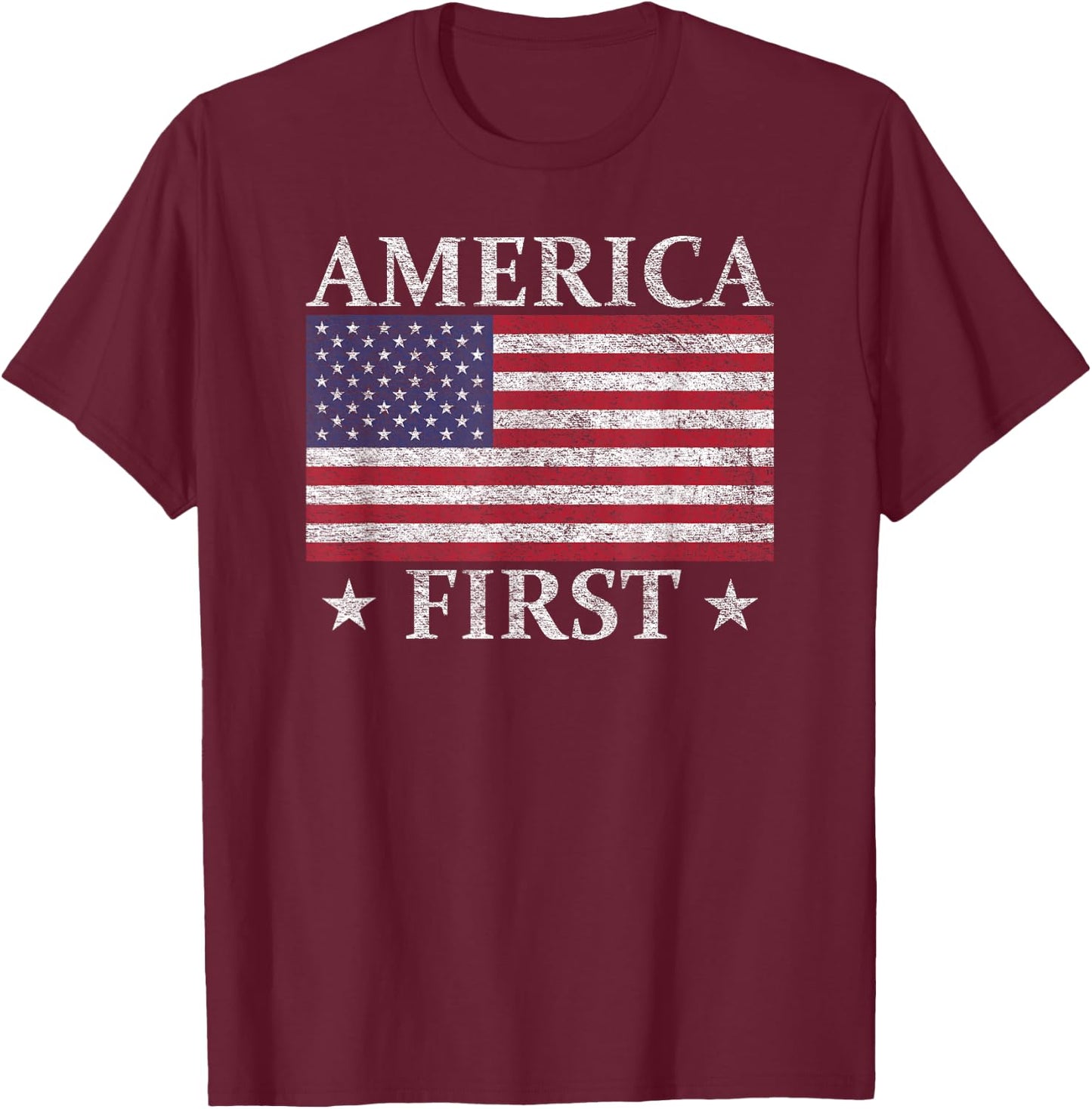 America First USA American Flag Patriot Stars and Stripes T-Shirt - T-Shirt | Maroon