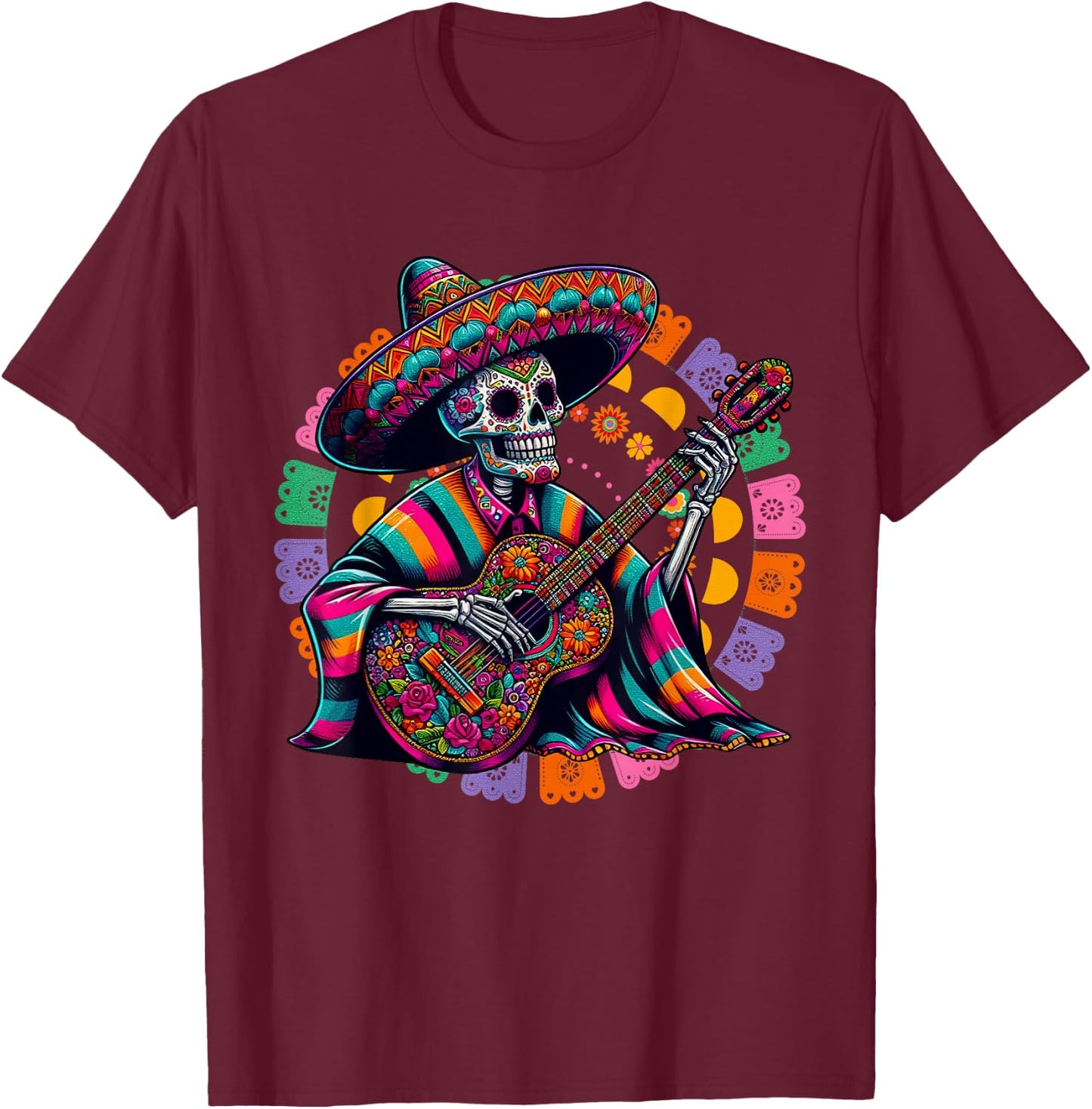 Dia De Los Muertos Skeleton playing guitar Sugar Skull Funny T-Shirt - T-Shirt | Maroon