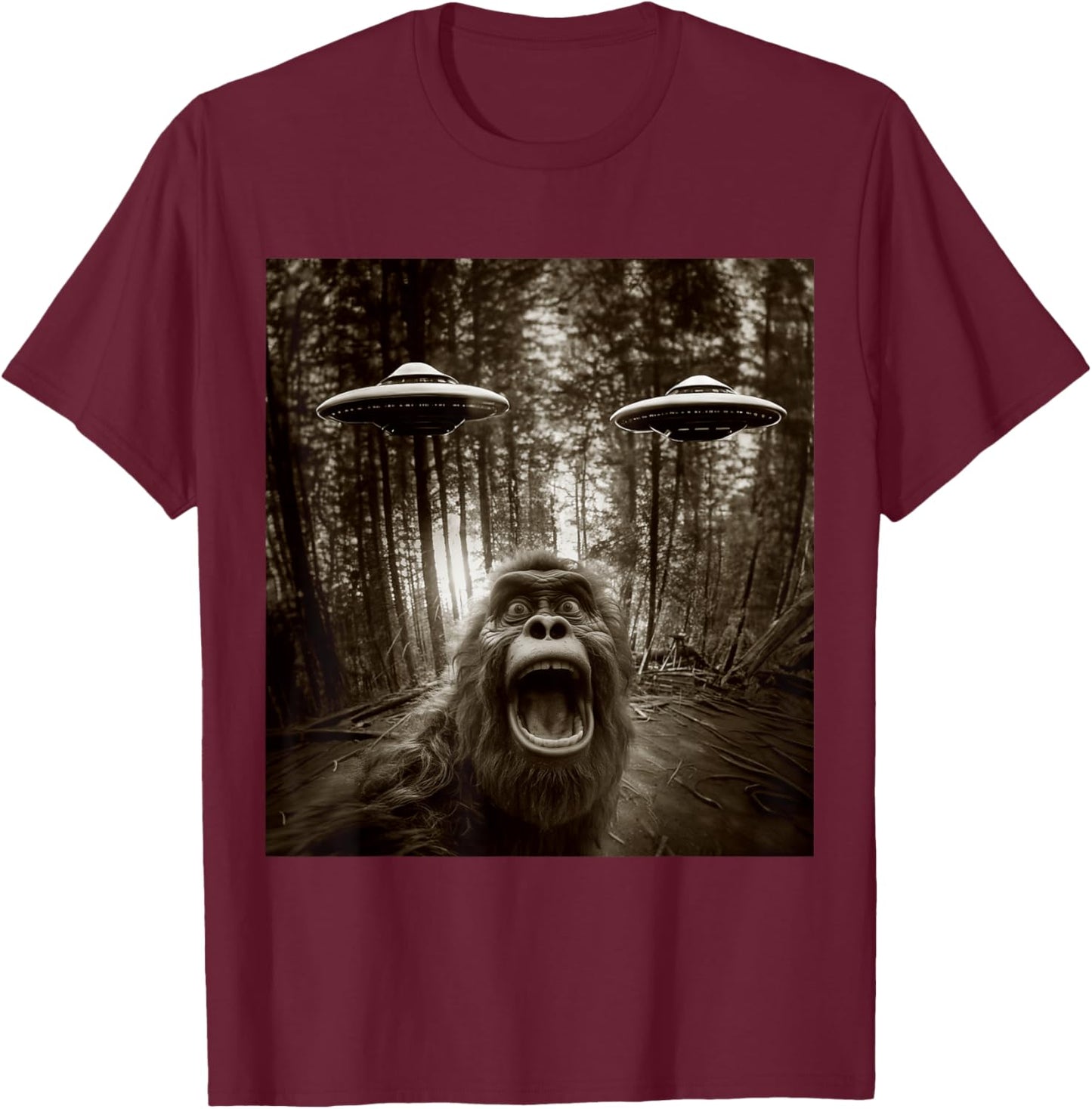 Bigfoot Sasquatch Alien UFO women kids Graphic T-Shirt - T-Shirt | Maroon