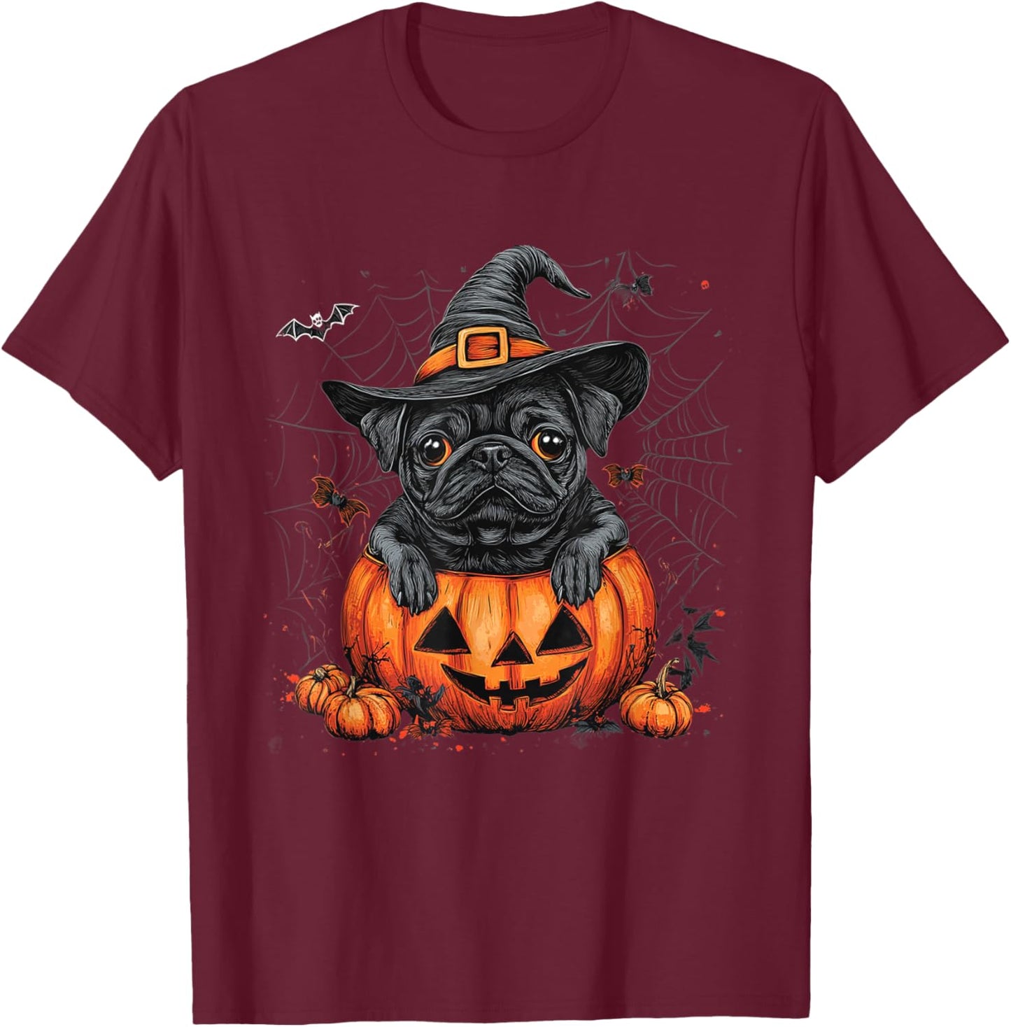 Black Pug Dog Pumpkin Halloween Thanksgiving Men Women Dog T-Shirt - T-Shirt | Maroon