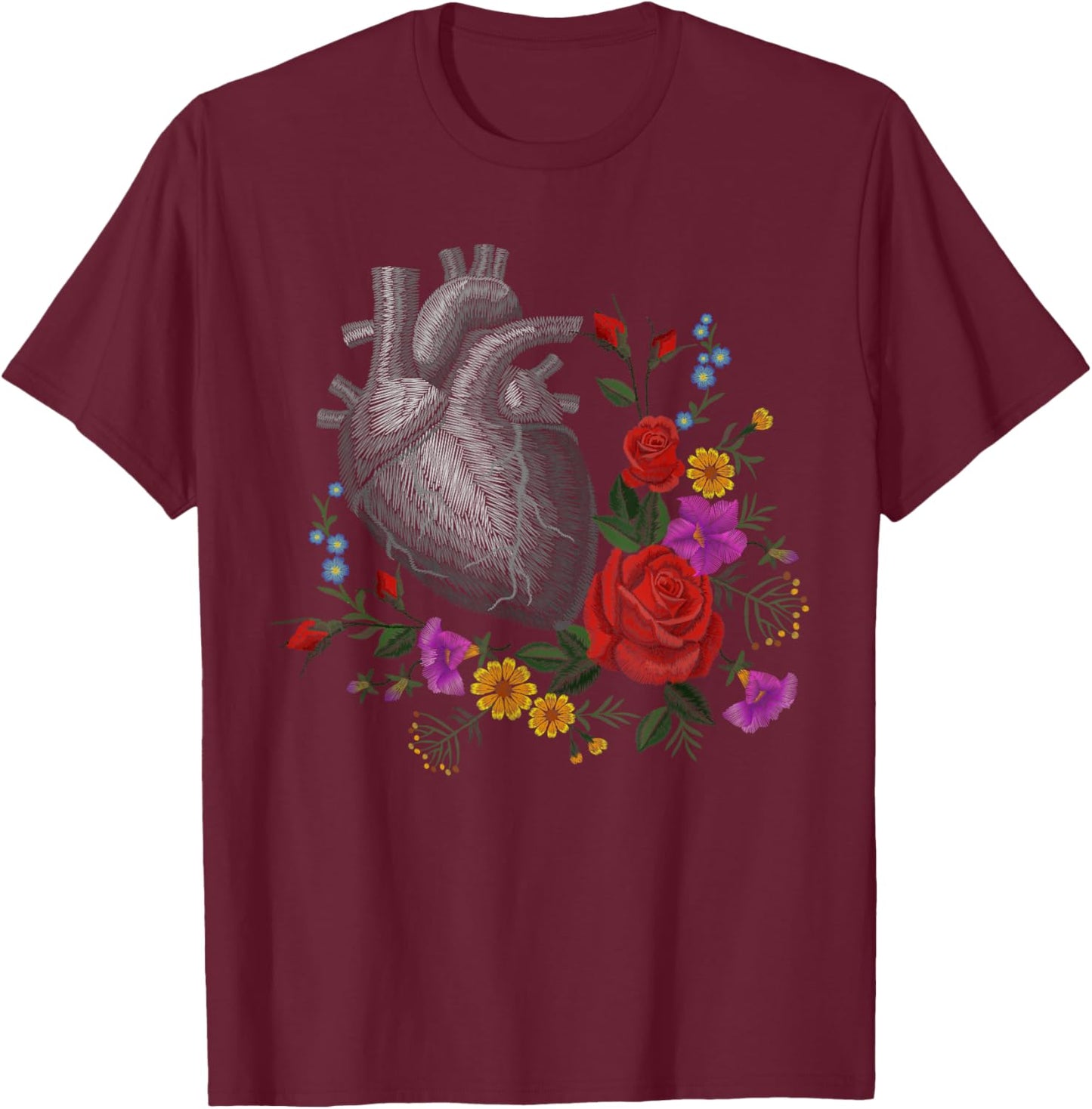 Anatomical Heart And Flowers Funny Men Women Cardiologist T-Shirt - T-Shirt | Maroon