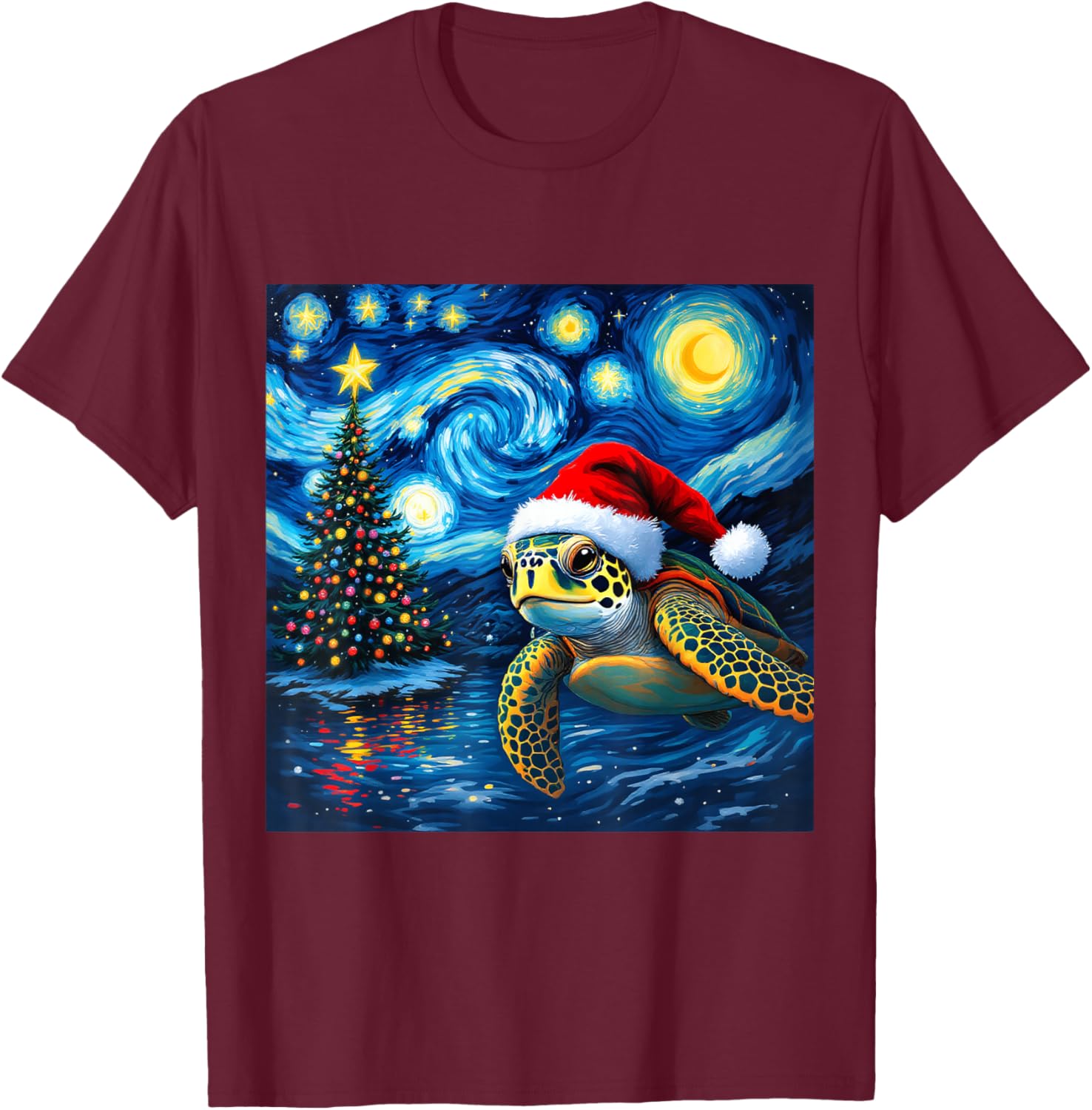 Christmas Sea Turtle Santa Hat Van Gogh Starry Night Holiday T-Shirt - T-Shirt | Maroon