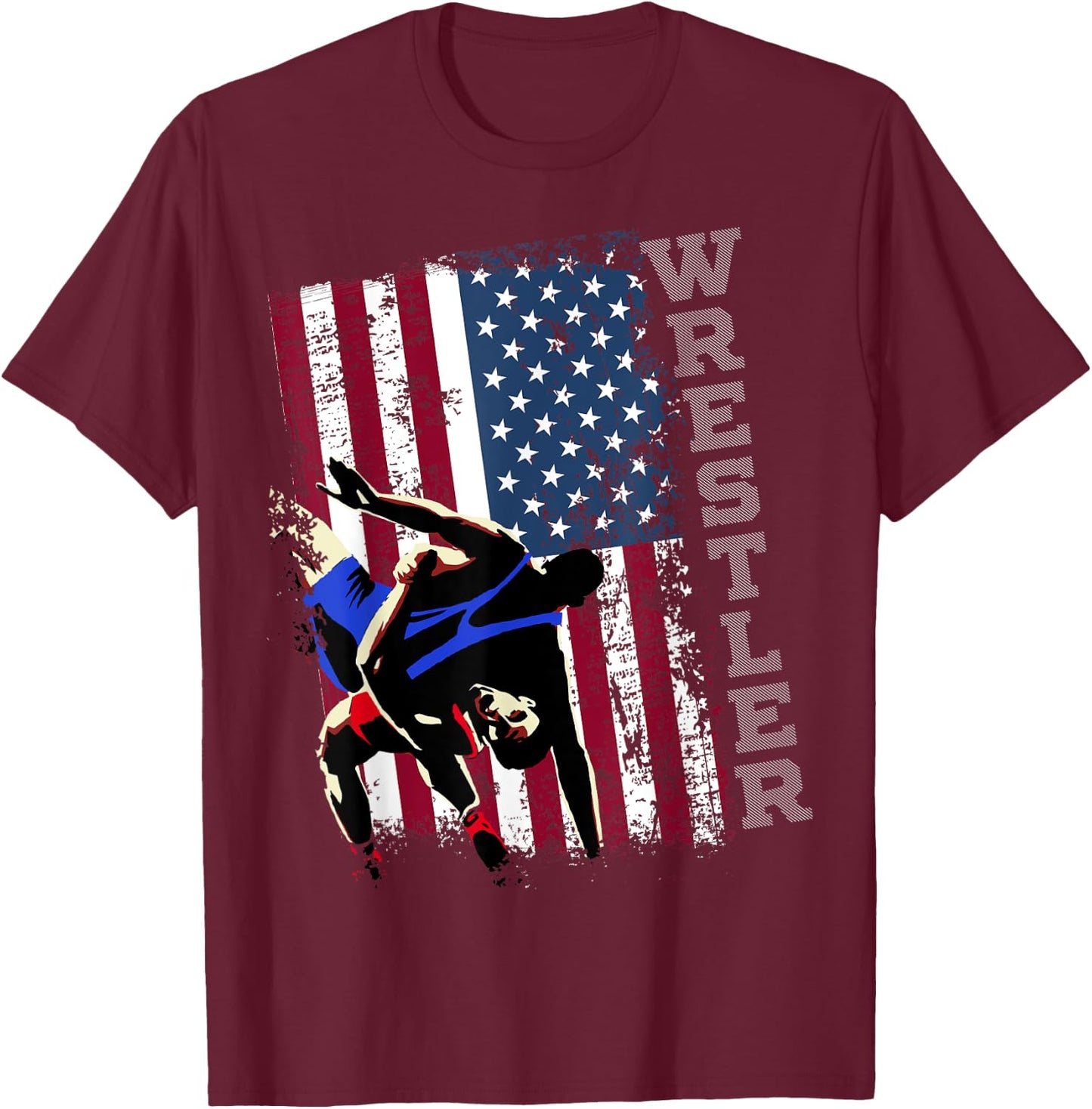Distressed Look Wrestling American Flag Gift Men T-Shirt - T-Shirt | Maroon