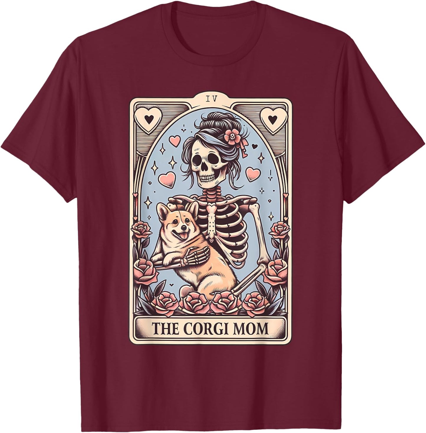 Corgi Dog Valentine's Day Skeleton Tarot Card Corgi Owner T-Shirt - T-Shirt | Maroon