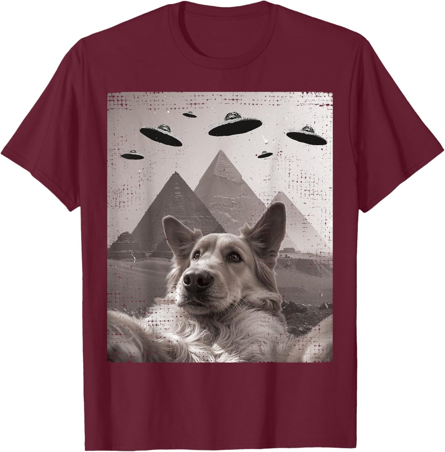 Dog UFO Meme - Funny Golden Retriever Dog Selfie with UFOs T-Shirt - T-Shirt | Maroon