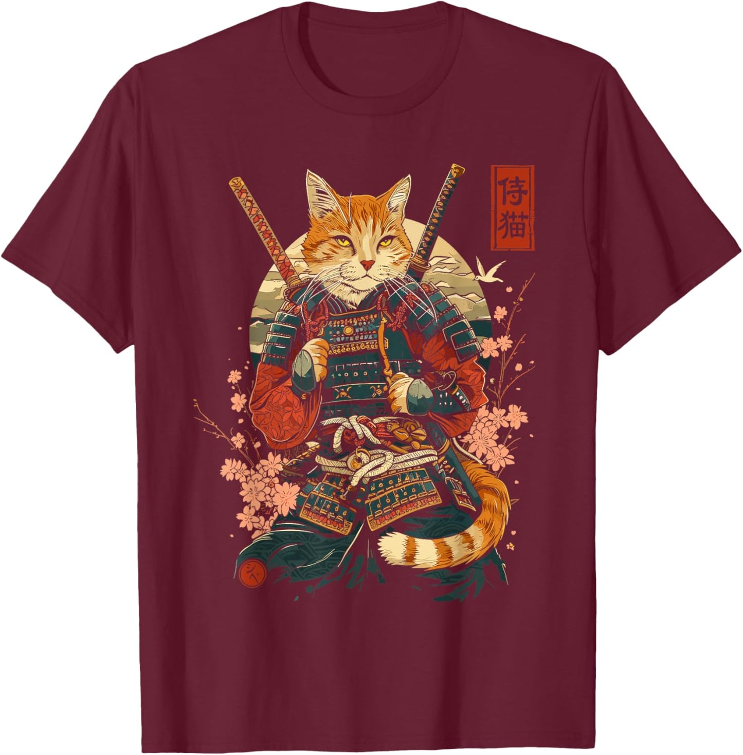 Samurai Cat, Japanese Cat Art Aesthetic, Cat Lover Women T-Shirt - T-Shirt | Maroon