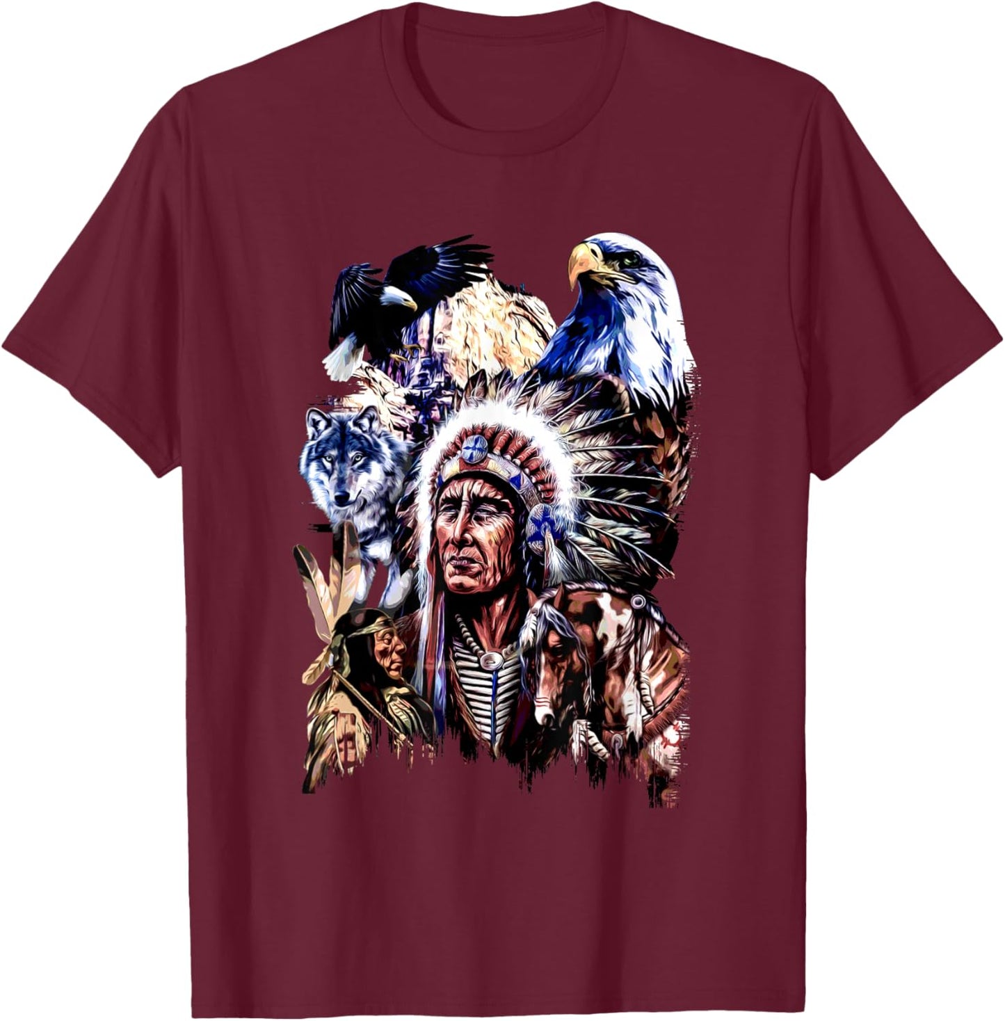 American Indigenous Art Native Indian Chief Headdress T-Shirt - T-Shirt | Maroon
