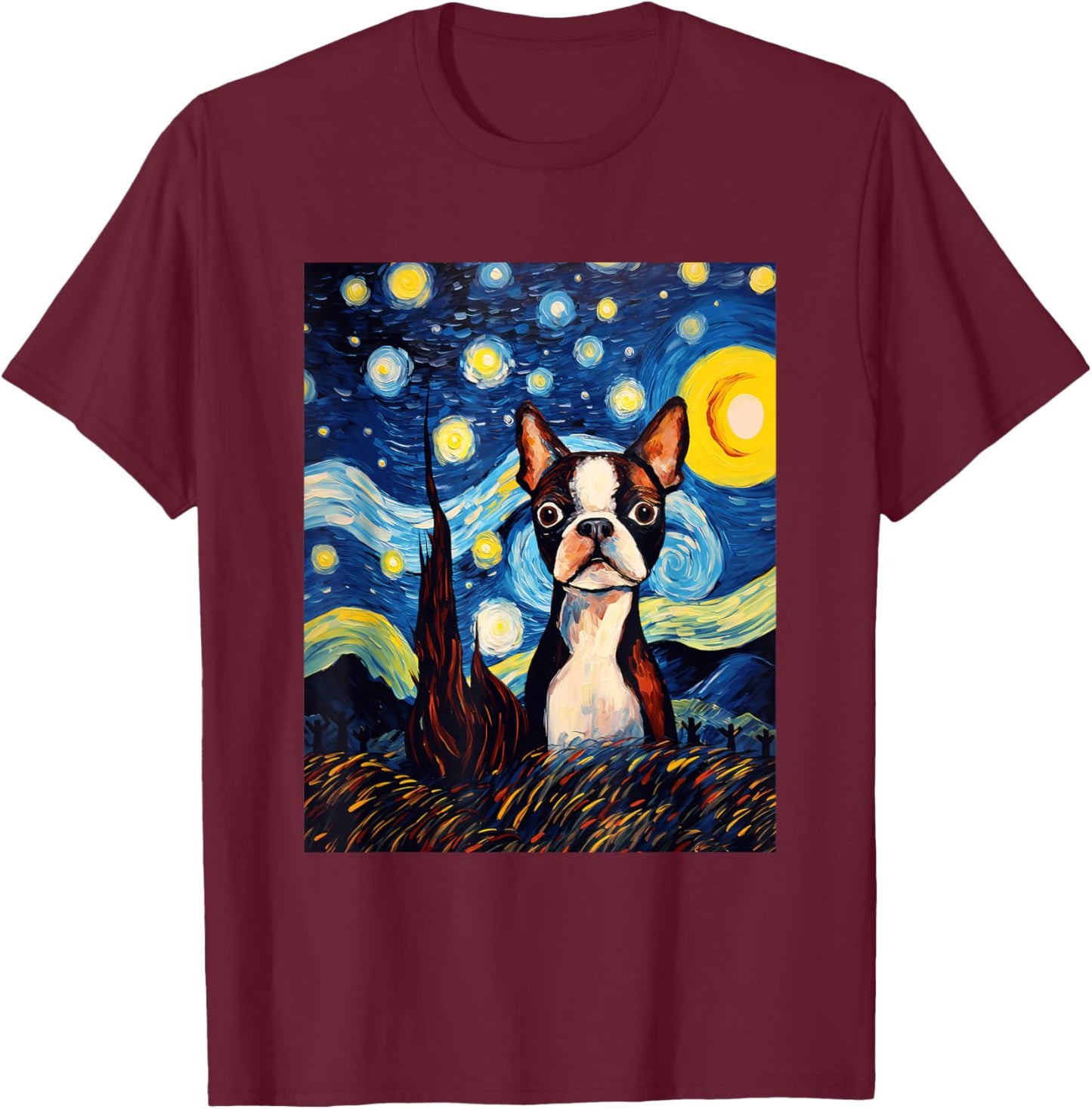 Boston Terrier Starry Night Van Gogh Art T-Shirt - T-Shirt | Maroon