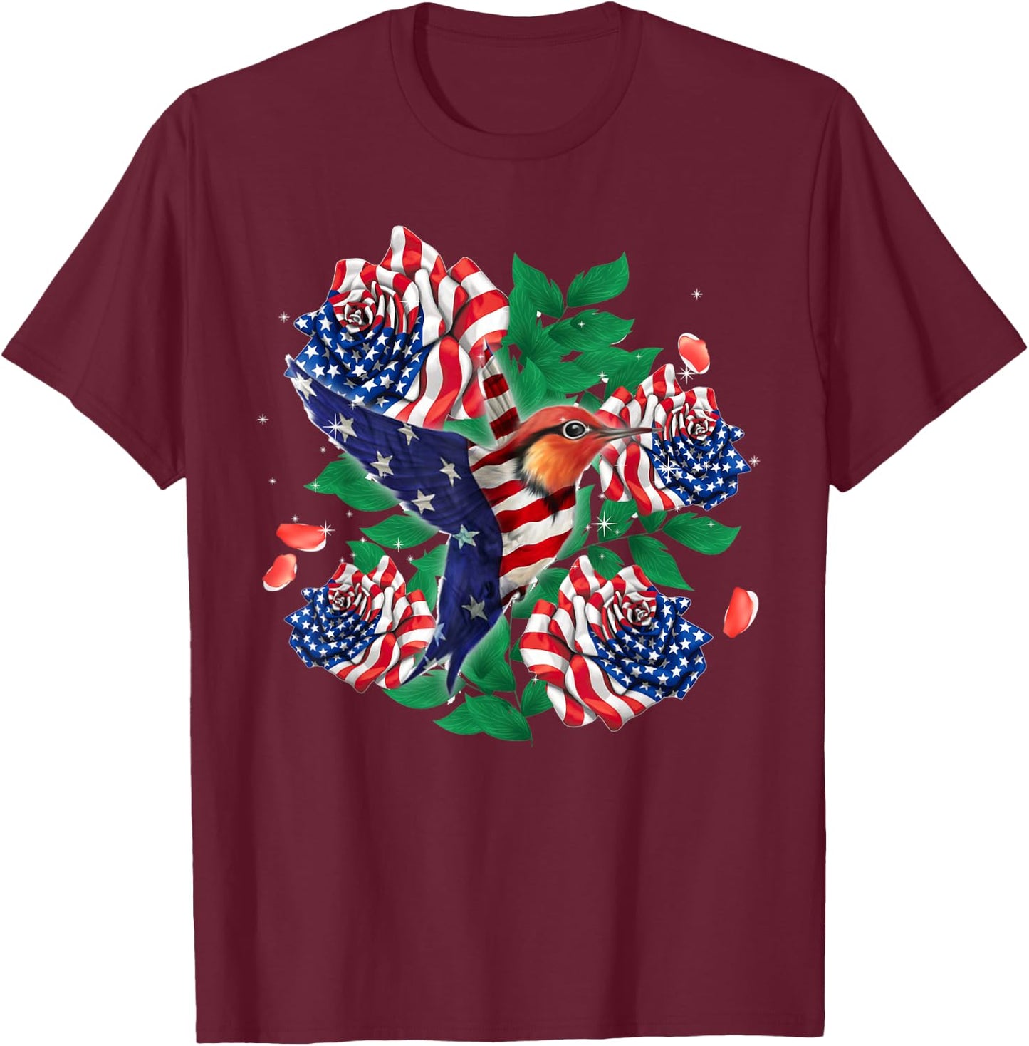 Hummingbird and Rose American Flag Patriotic 4th Of July Men T-Shirt - T-Shirt | Maroon