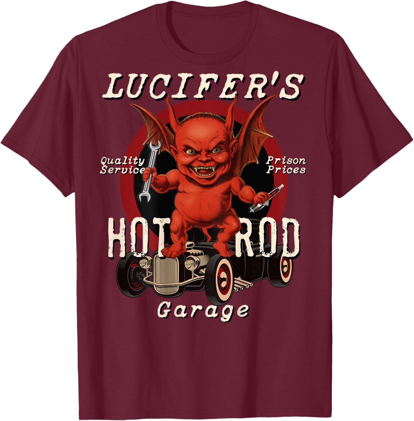 The Dirty Gringo Lucifer's Hot Rod Garage Fat Devil Mechanic Retro Rockabilly - Black - Small - -Adults - Short Sleeve - Cotton, Polyester Blend T-Shirt - T-Shirt | Maroon